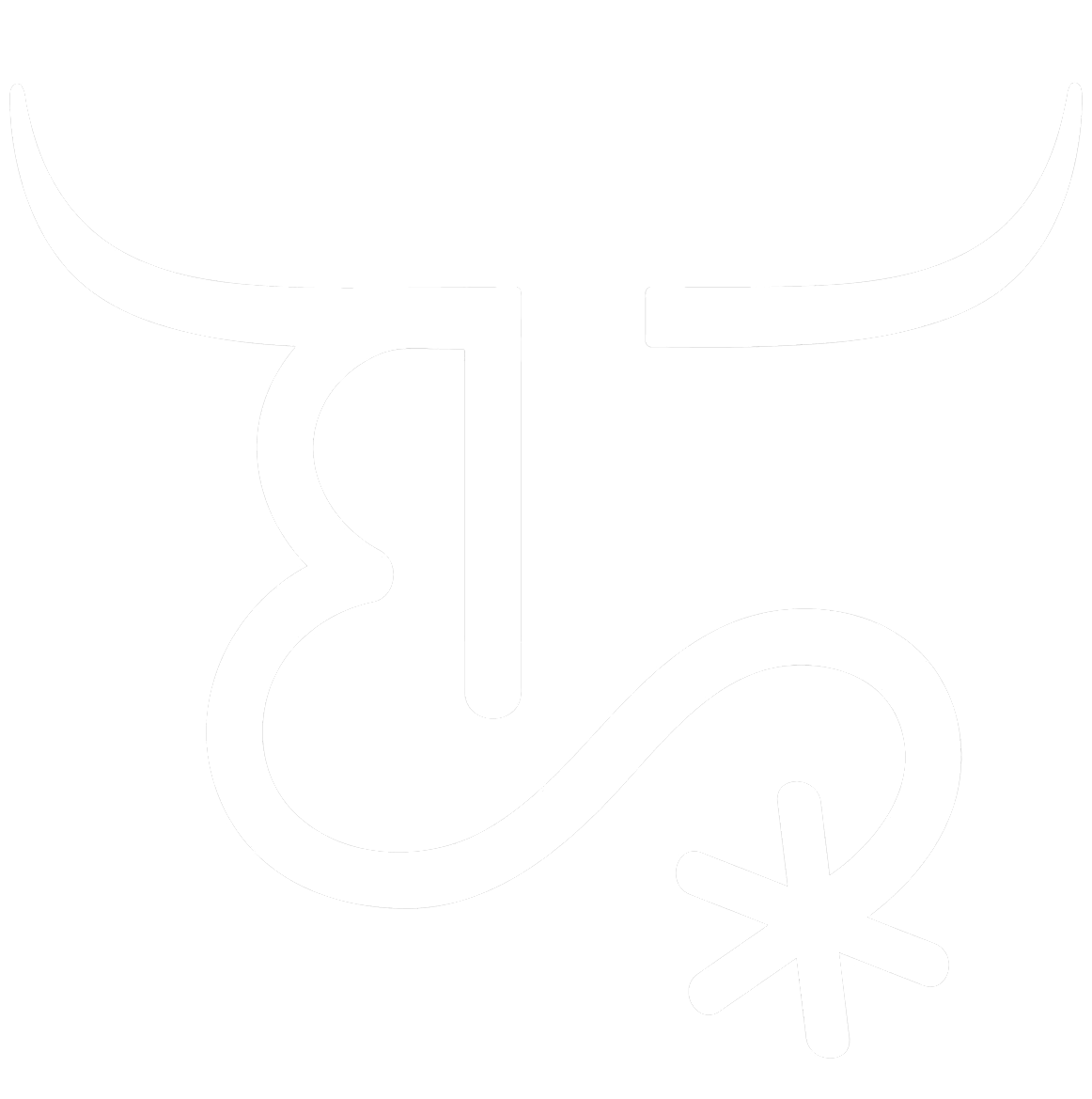 White line drawing of a bull's head with large horns, a curved nose, and a flower at the end of a looping tail on a black background.