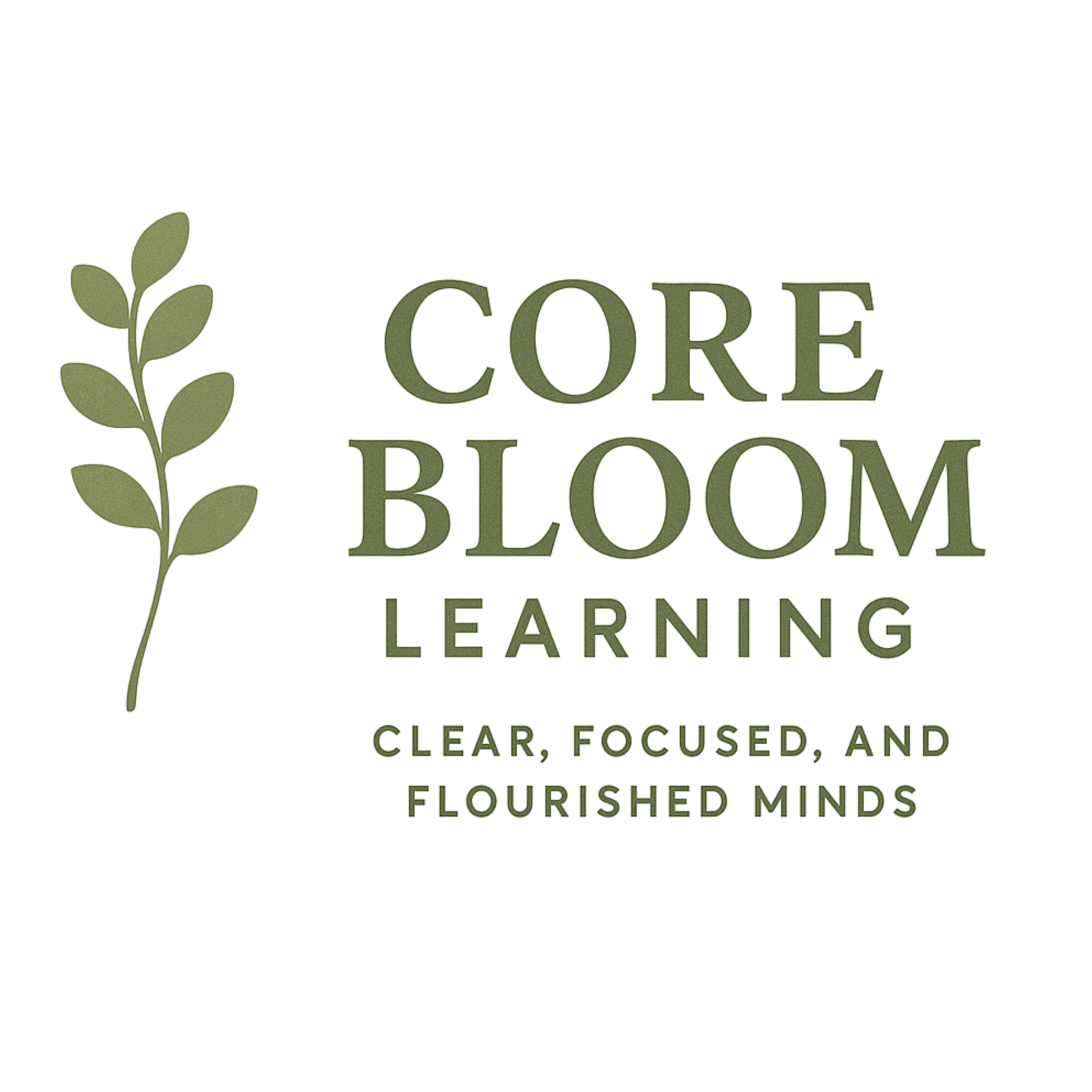 A graphic design with the words "CORE BLOOM LEARNING" in green font, accompanied by a green leafy branch on the left side. Tutoring service in Hudson Valley New York.