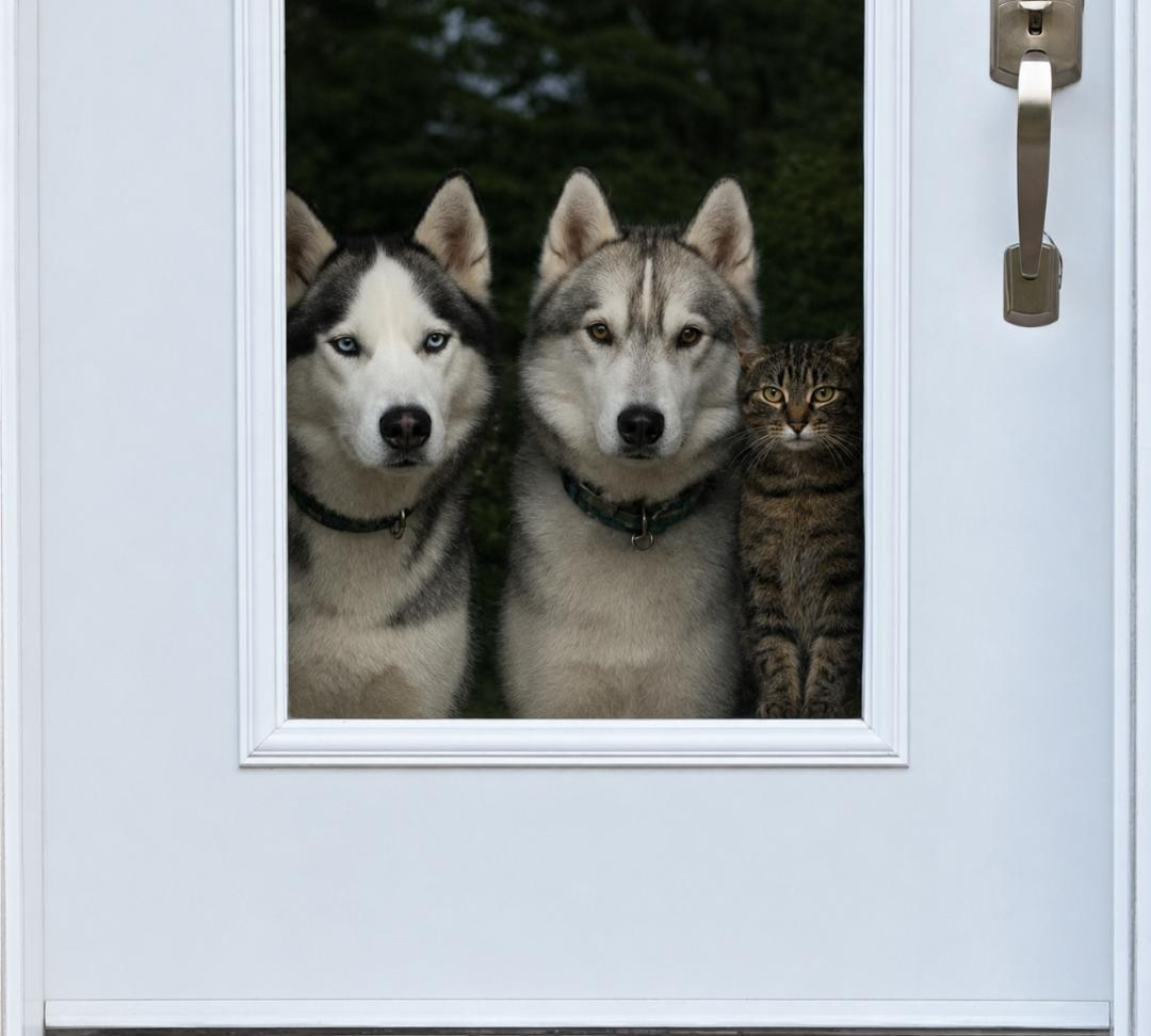 Three pets, two huskies and a tabby cat, looking through a glass door.