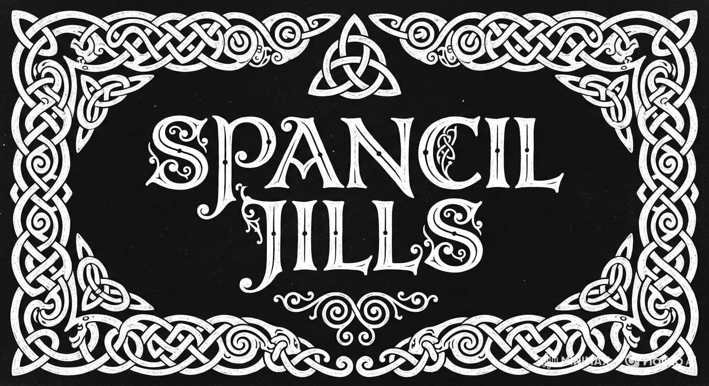Black sign with intricate white Celtic knot border and the words 'Spancel Jills' written in ornate white letters.