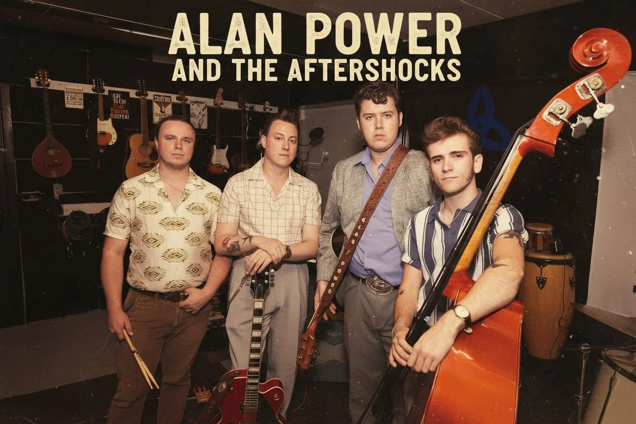 Four men pose for a photo in a music studio surrounded by guitars hanging on the wall and various musical instruments. The text at the top reads 'ALAN POWER AND THE AFTERSHOCKS.'
