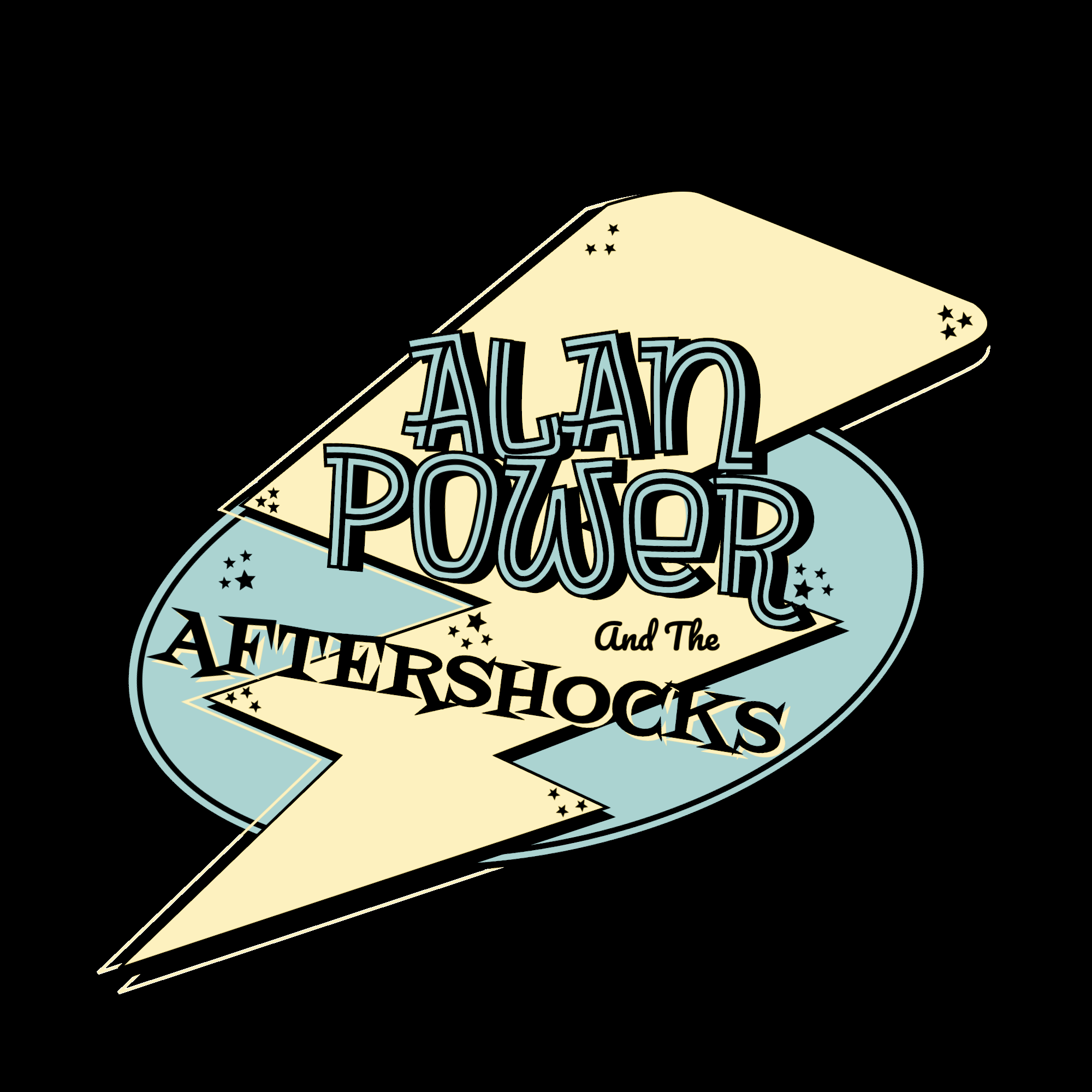 Vintage-style poster with the words "Calam and The Aftershock" in stylized lettering, decorated with stars and a rocket.