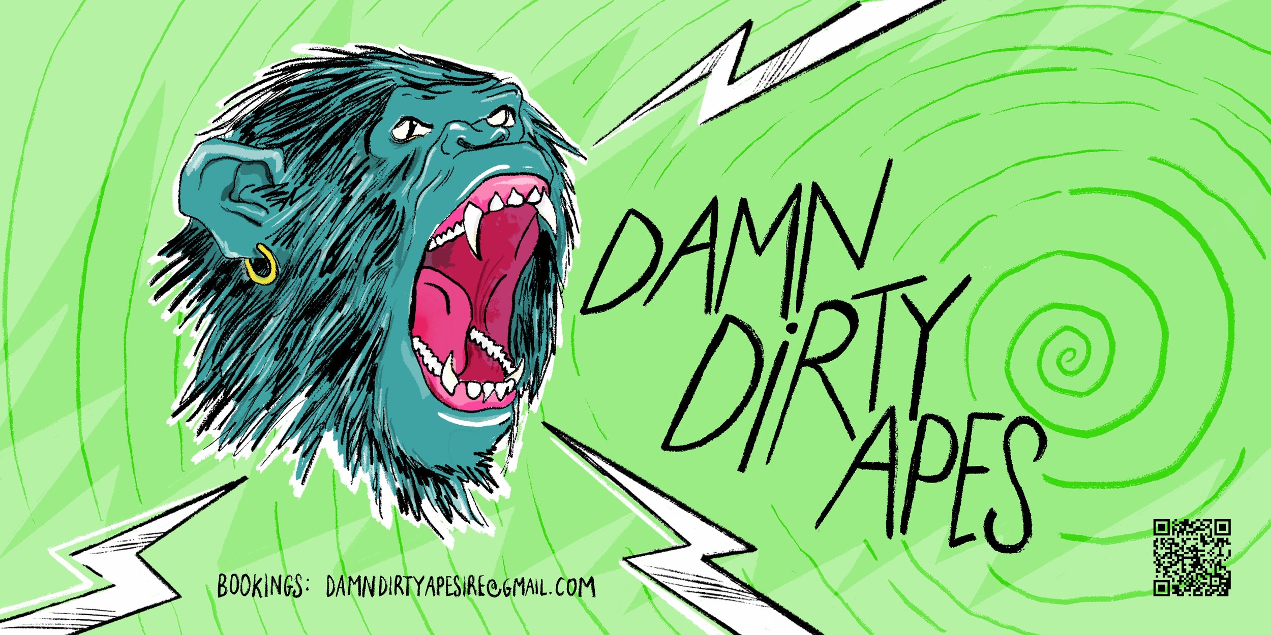 A comic-style illustration of a blue ape with black hair, showing its mouth with sharp teeth, and an earring in its left ear, yelling 'Damn Dirty Apes' against a green background with swirling lines. Waterford based band
