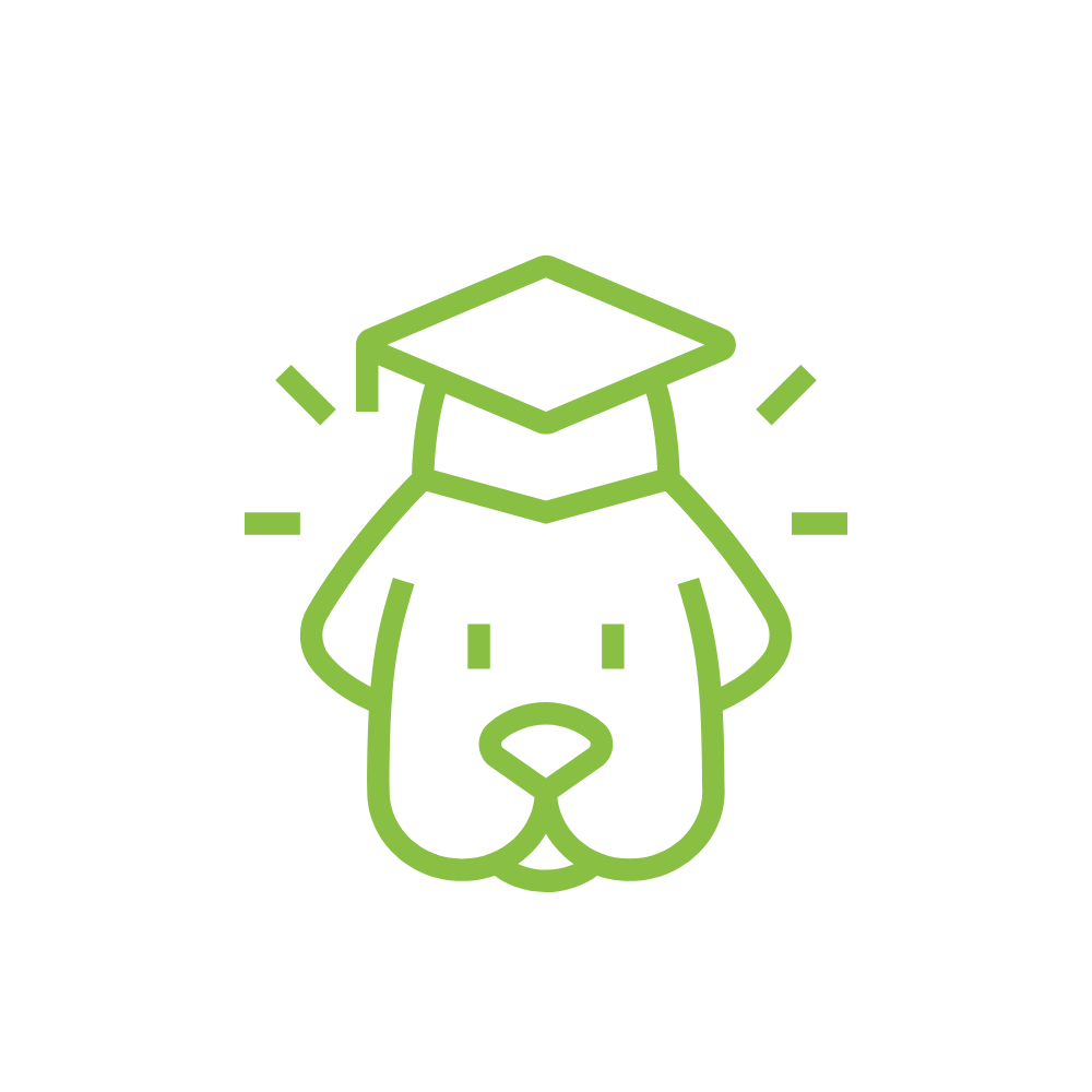 Green outline drawing of a dog with a graduation cap on a black background.