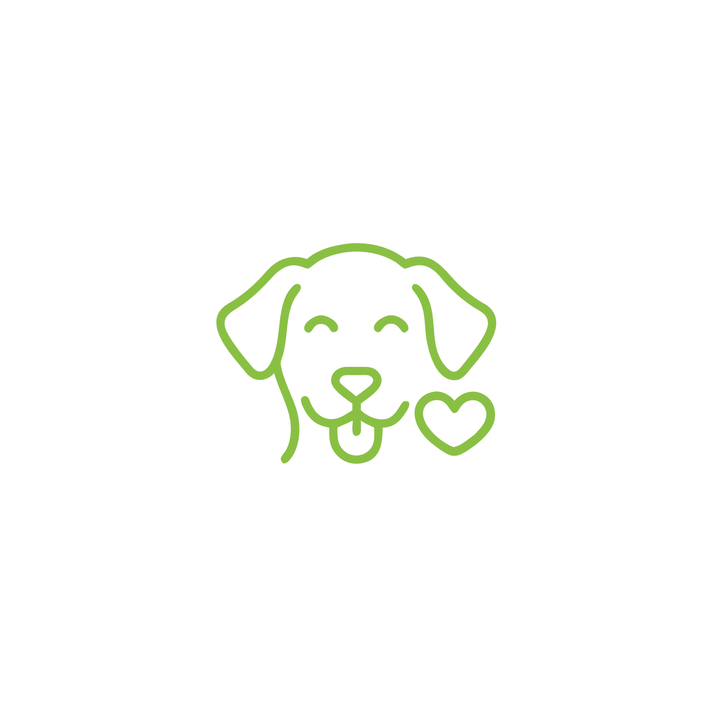 Green neon line drawing of a dog's face with a smiling expression, next to a heart symbol, on a black background.