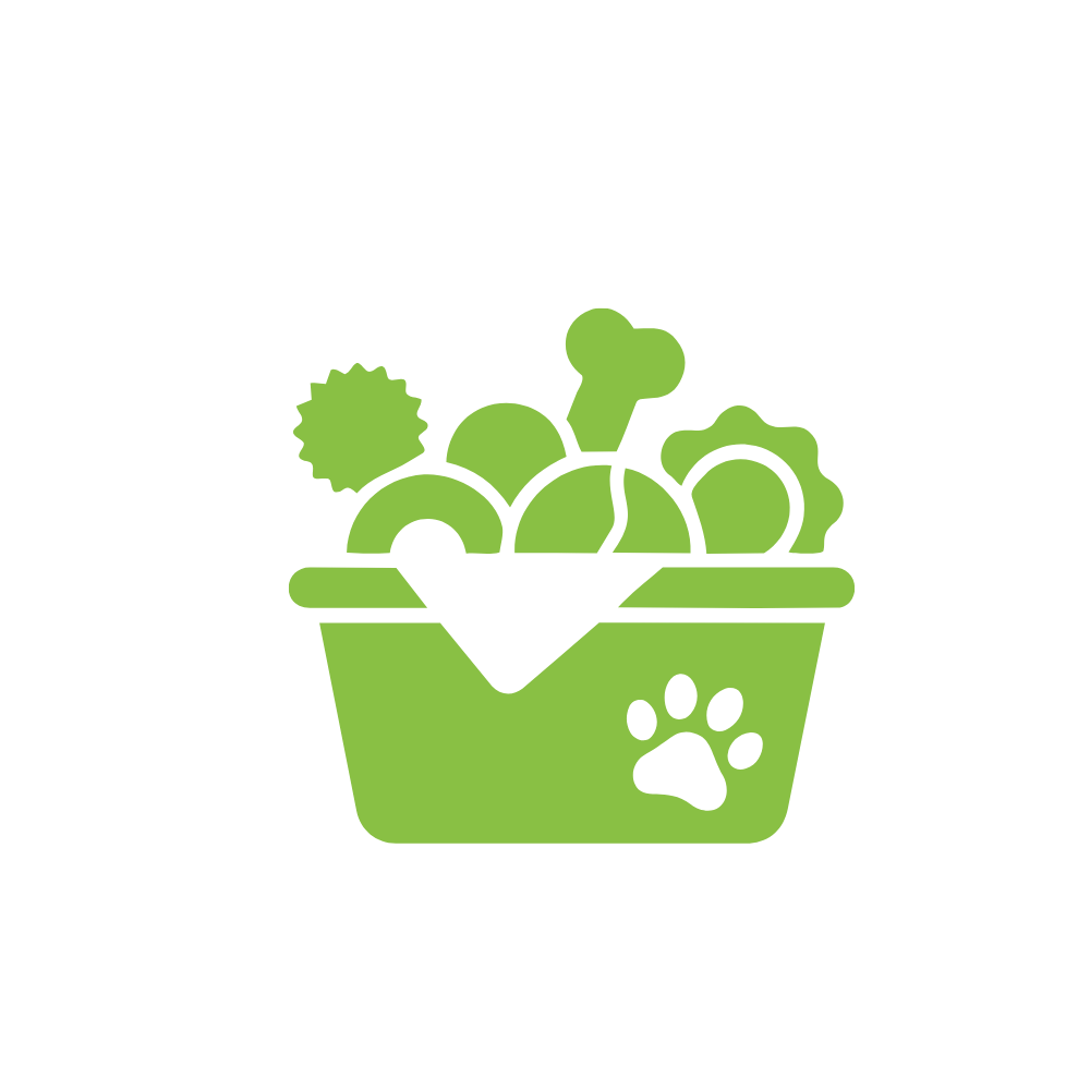 Green pet food bowl with a paw print, filled with various vegetables.