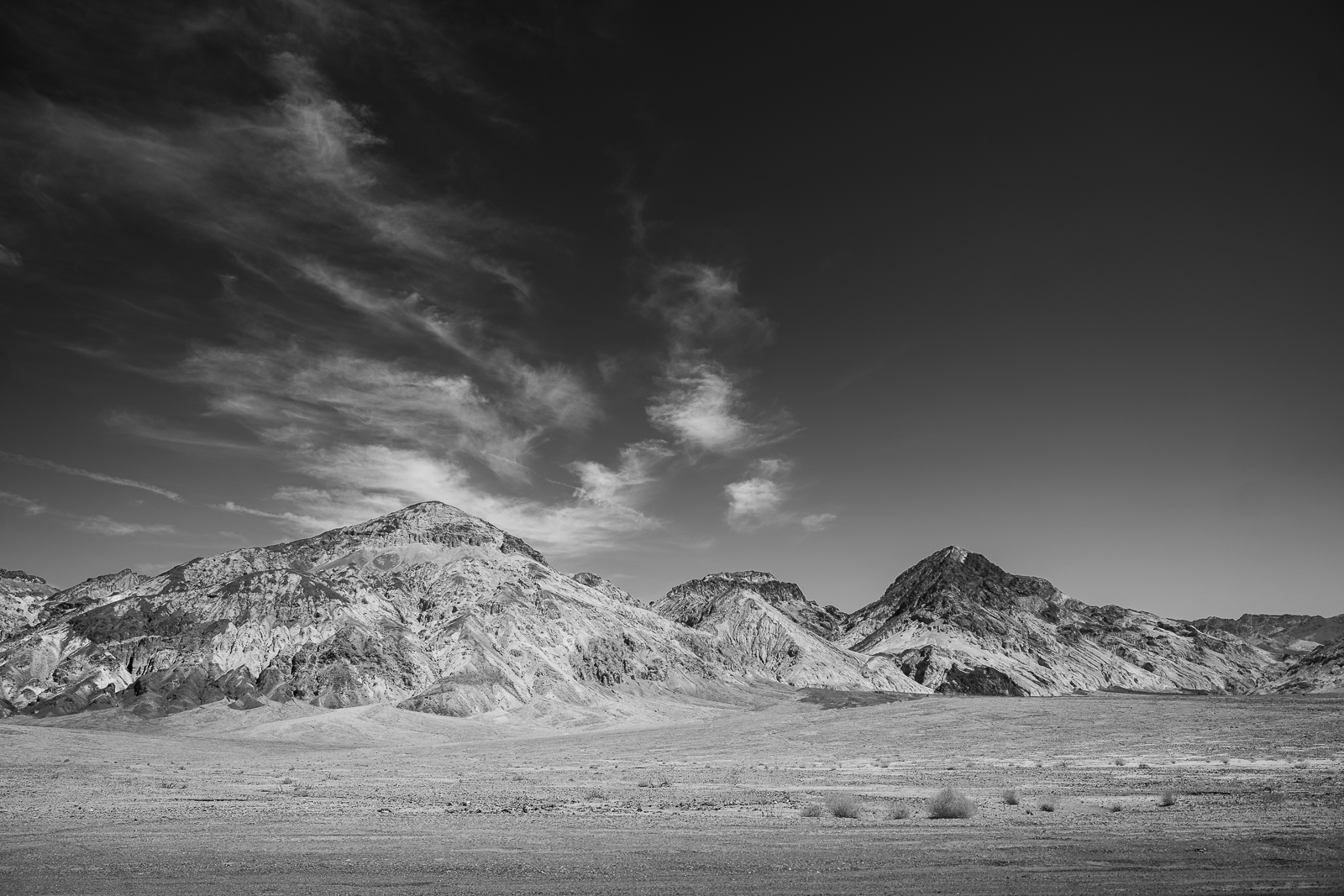 Black and white landscape of mountains with a desert foreground and a cloudy sky.