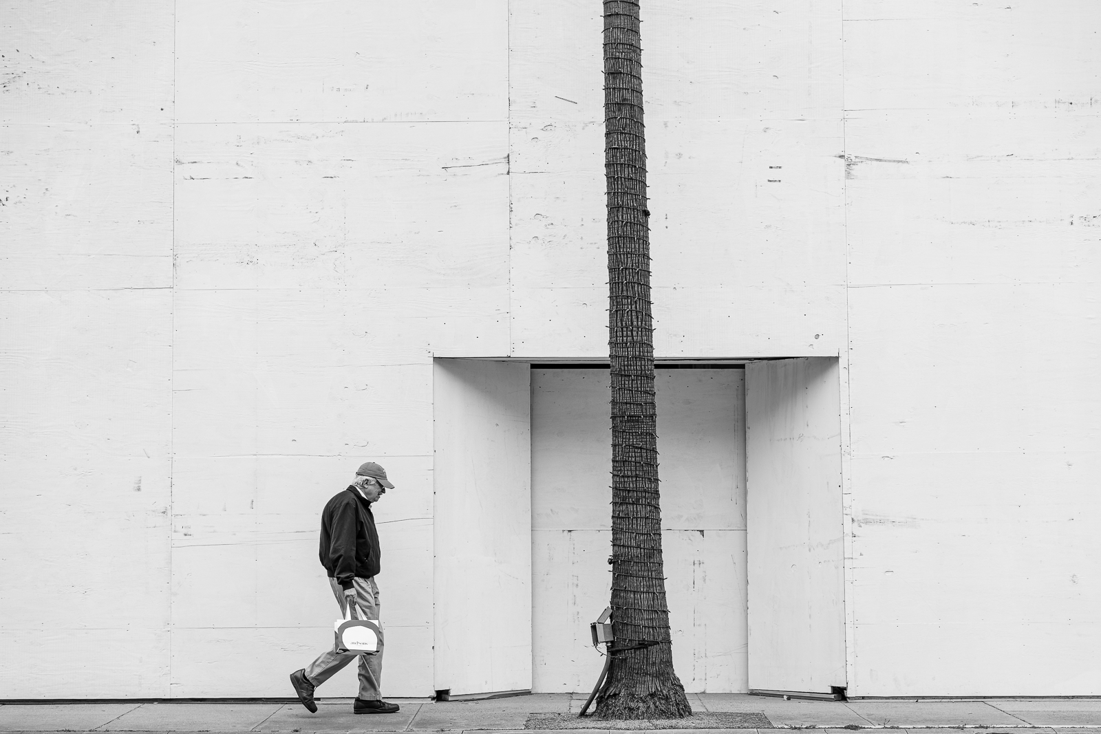 A man walking on sidewalk carrying a bag with a building and a tree in the background.