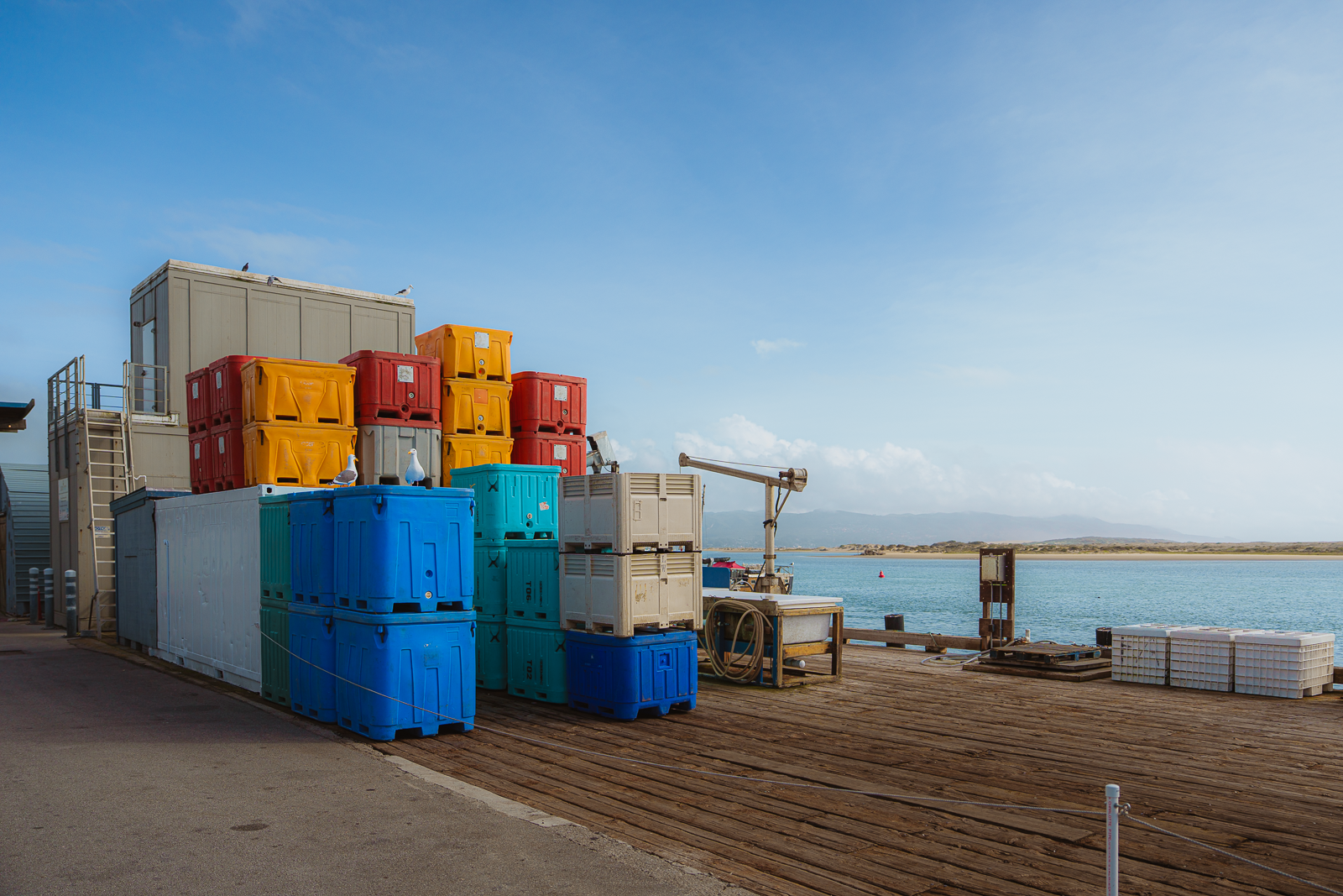 Colorful plastic storage bins stacked on a dock near water with a crane and seagulls in the background under a clear blue sky.