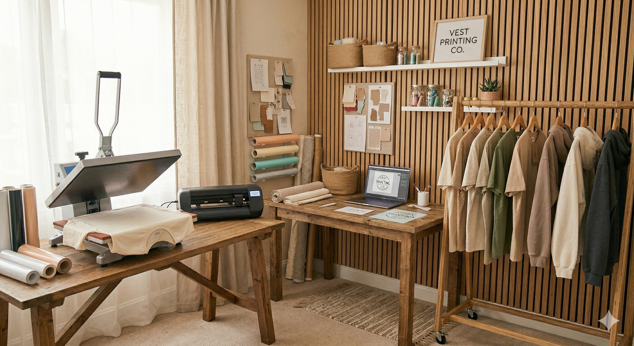 EliteDzign custom printing office with heat pres machine, cutting plotter and garments on a hanger.