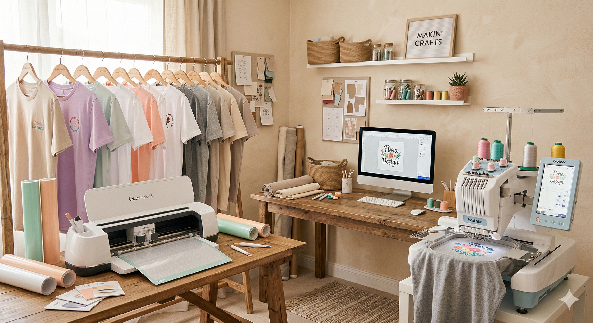 EliteDzign custom printing shop with t-shirts in hangers, cutter plotter, embroidery machine and computer.