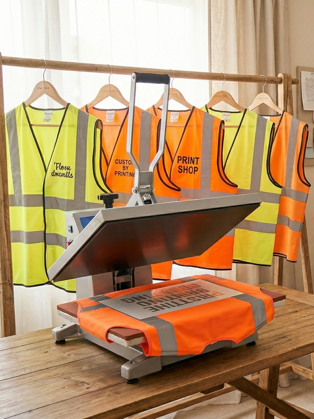 EiteDzign custom printing shop with a heat press machine and HiVis vests on a hanger.
