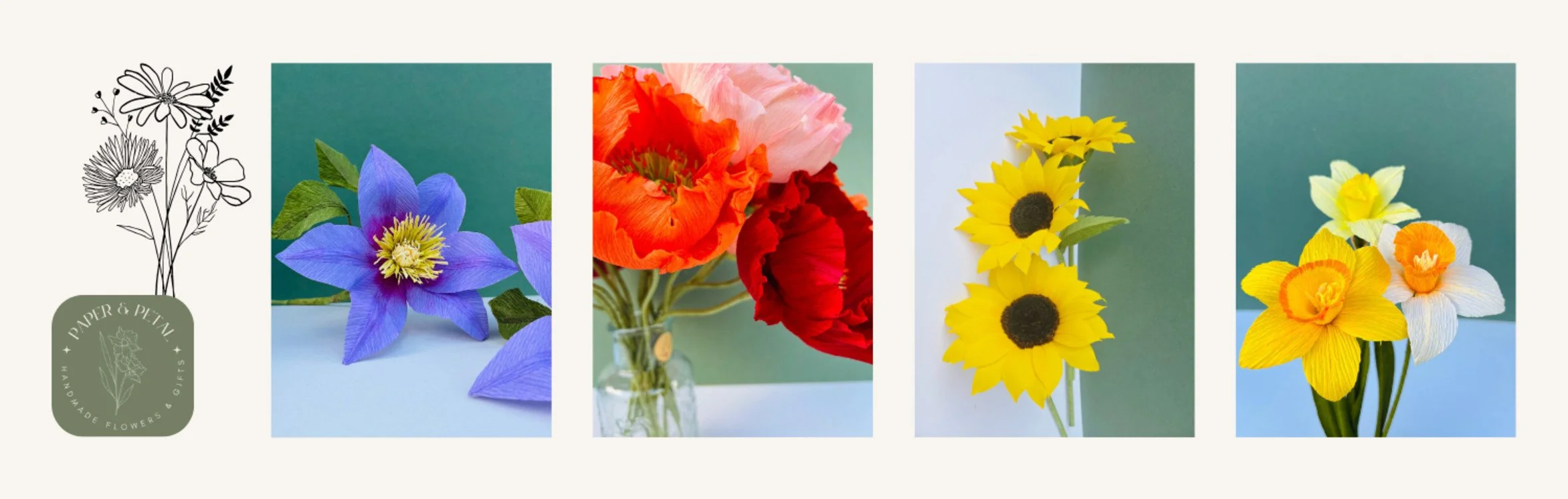Collection of 5 floral arrangements with colorful flowers in vases and props, displayed on a white background.