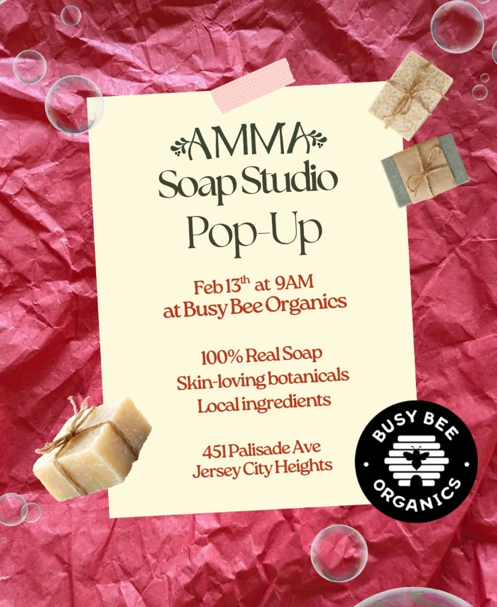 💘 AMMA Soap Studio Pop-Up 💘

100% Real Soap made with skin-loving botanicals and local ingredients. These soap bars make perfect last minute gifts for every one! 💝💐 

You can come stock up on my creamy Oat Bar as well to help you ge through these