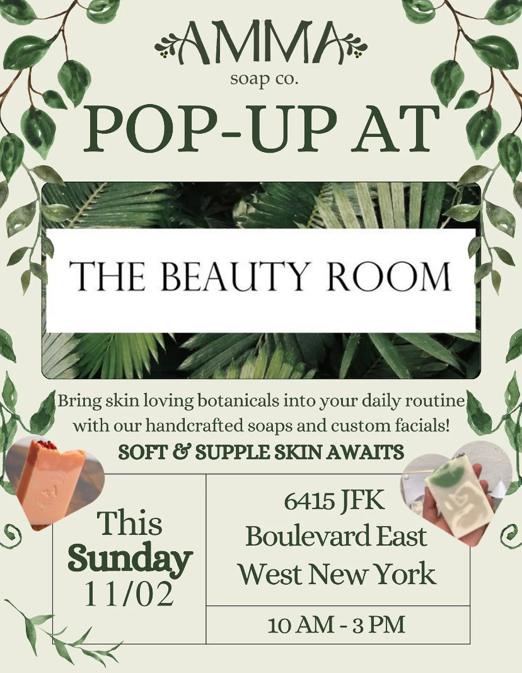 The AMMA Soap Co. &amp; @thebeautyroomnj Pop-Up is here! ✨ We&rsquo;re so excited to bring you skin-loving botanicals like 🪻lavender, 🌹rose, and 🌼chamomile in all our offerings. Stop by to bring these gentle florals into your daily routine with ou