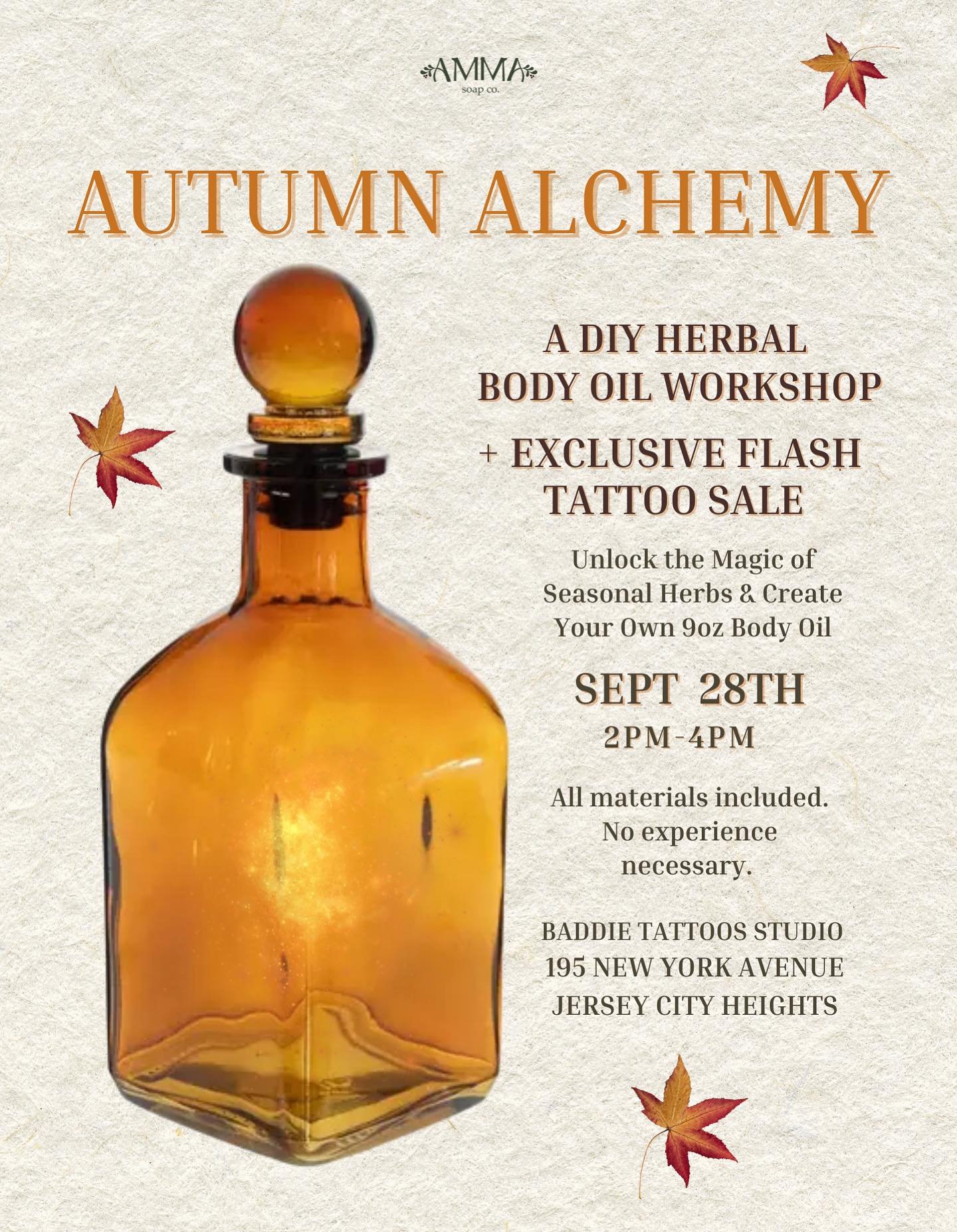 Hi friends! 🍂
I wanna invite you to my first ever herbalism workshop inspired by the lovely fall season. If you&rsquo;re looking to make friends, learn and craft come join me at the @baddie.tattoos studio September 28th after the farmers market! 

T