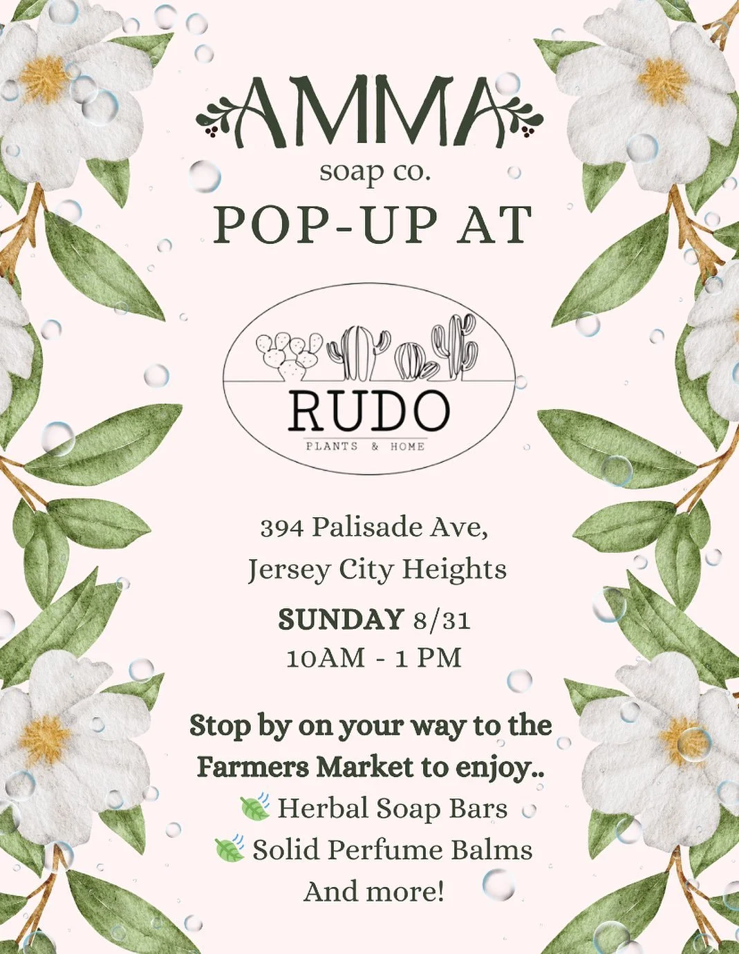 Another Sunday, another POP-UP! 

Stop by on your way to the Farmers Market to pick up soap bars, solid perfume, and other treats! 
 💐Rudo Plants &amp; Home: 394 Palisade Ave ⏰ This Sunday from 10am - 1pm