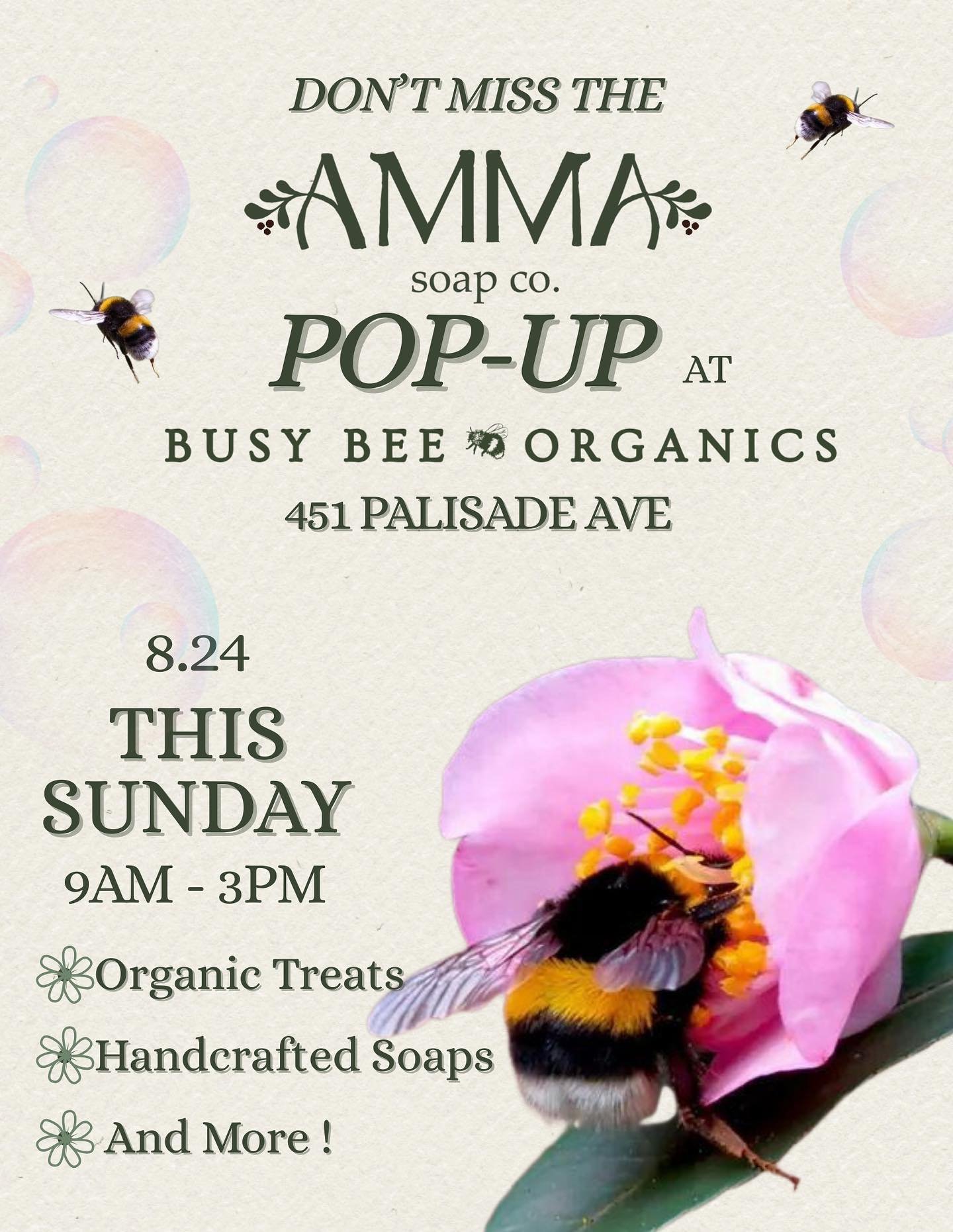 🫧 AMMA Soap Co. POP-UP 🫧

It&rsquo;s pop-up time! This Sunday, treat yourself to something sweet! I&rsquo;ll be there with my artisanal soaps, inspired by the cafe&rsquo;s own menu. Come support your local soap maker! 🧼

🍯 Where: Busy Bee Organic