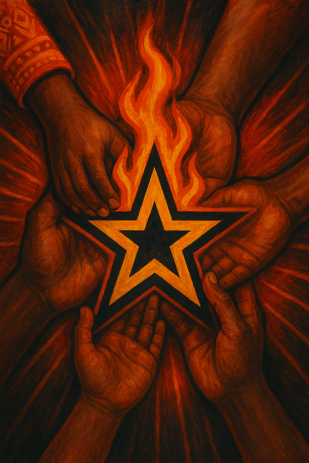 Multiple hands surrounding a star with flames rising from it, all depicted in warm, fiery tones.