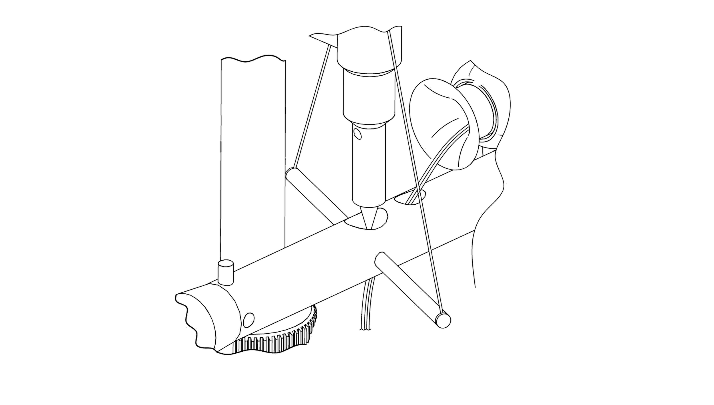 "UA-101 tonearm wireframe rendering showing headshell, arm tube end, and pivot housing"