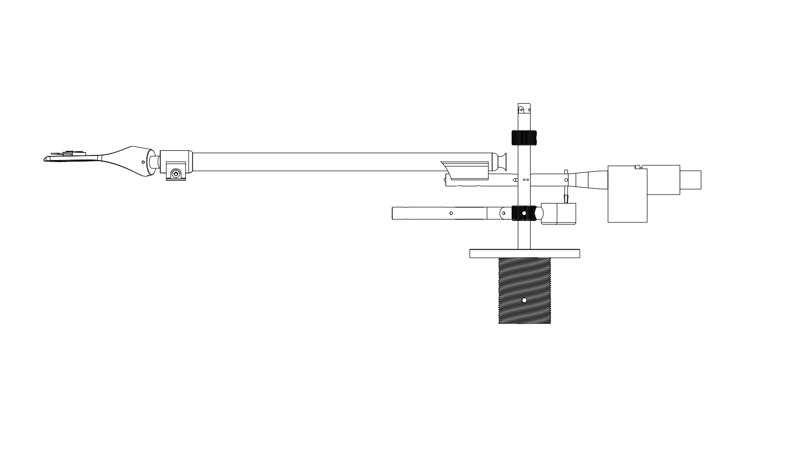 "UA-101 tonearm wireframe rendering showing headshell, arm tube, pivot housing, and counterweight"