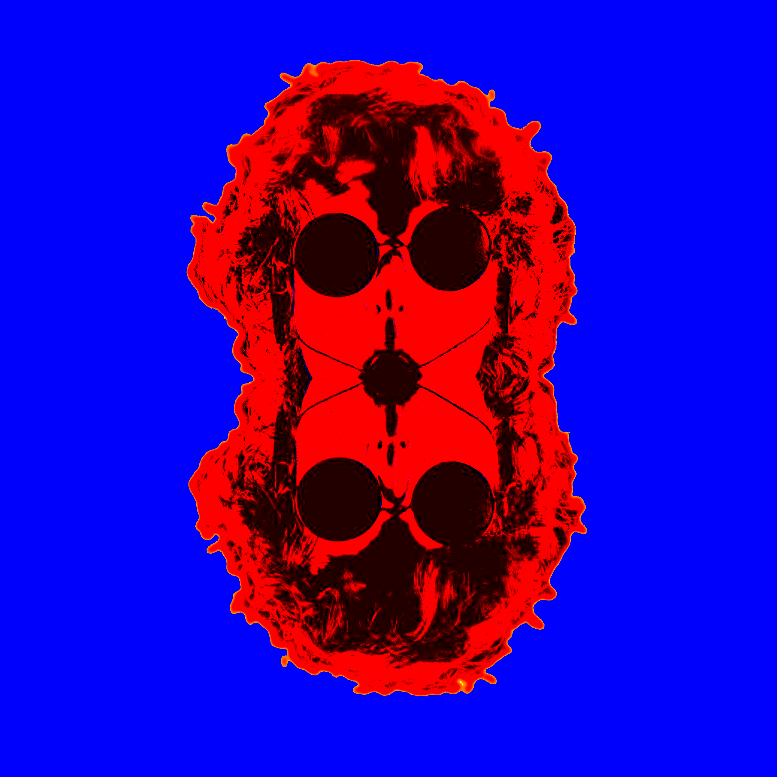 An image of the Who's Tommy cover redone in psychedelic colors electric blue, red and black