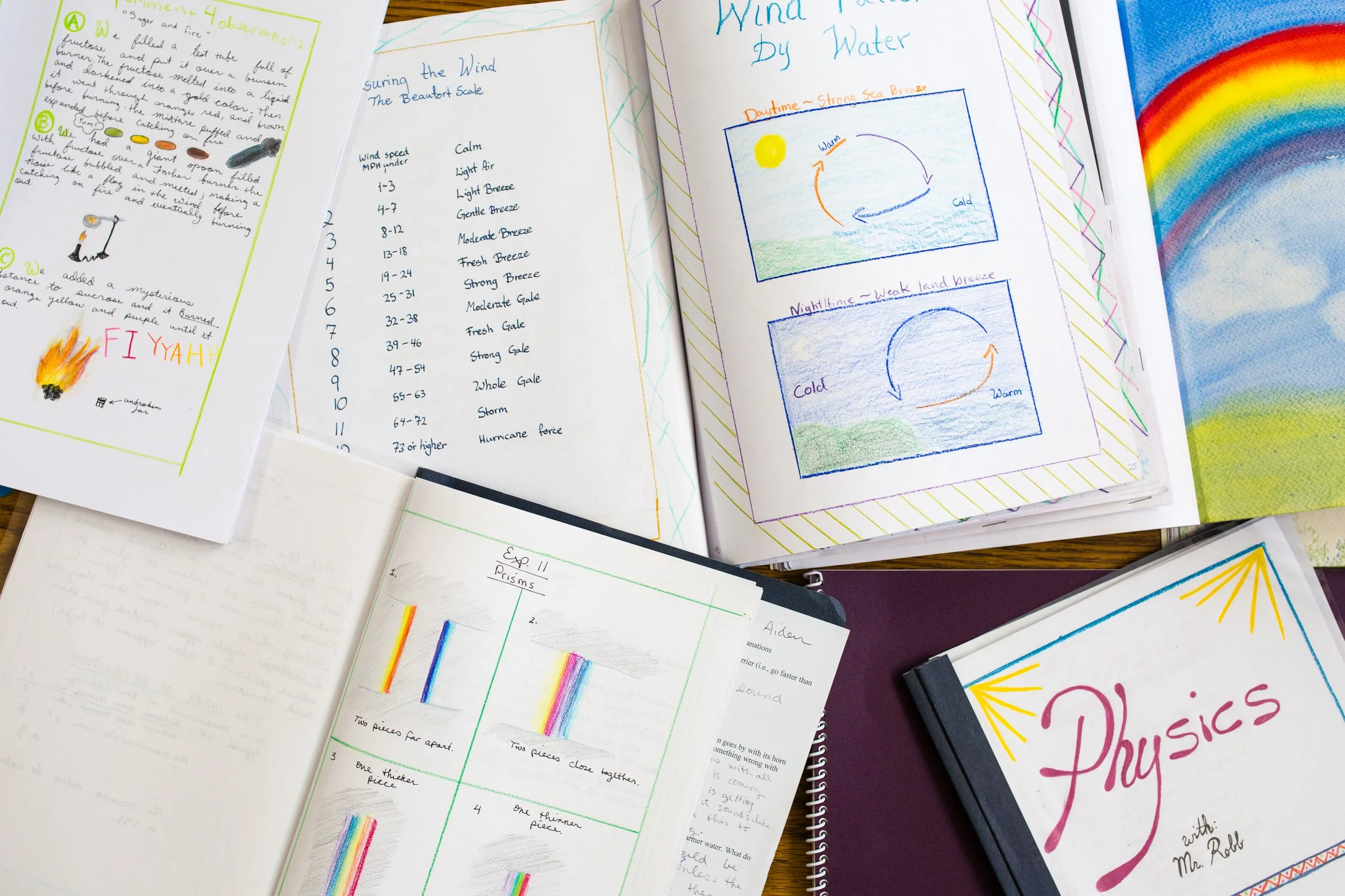 A bunch of handmade main lesson textbooks that middle schoolers created at the Rudolf Steiner School of Ann Arbor or placed on a table, open to various different colorful pages.