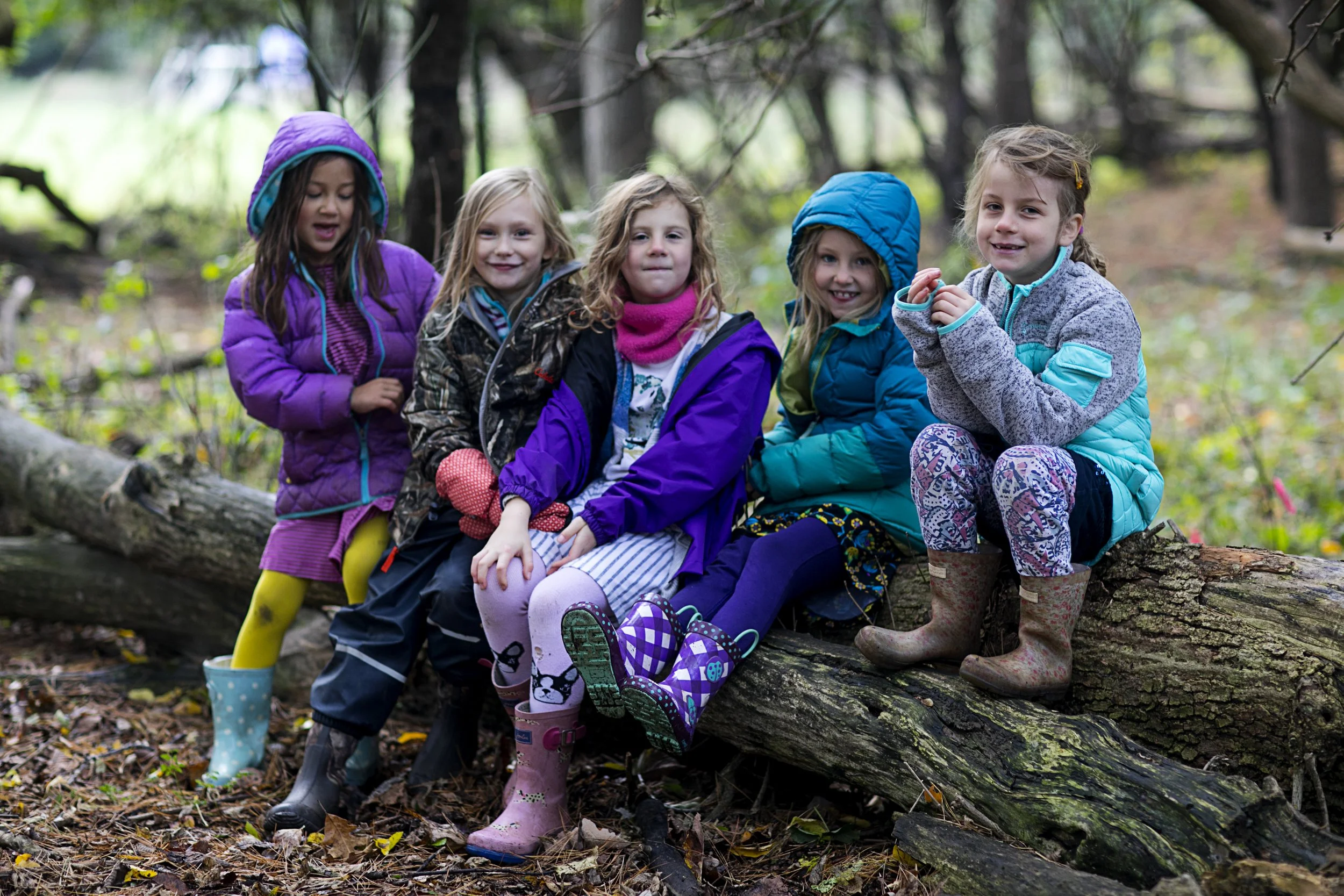 A group of students in elementary school at the Rudolf Steiner School of Ann Arbor are dressed in warm outdoor clothes, sitting on a fallen tree and posing for photos.