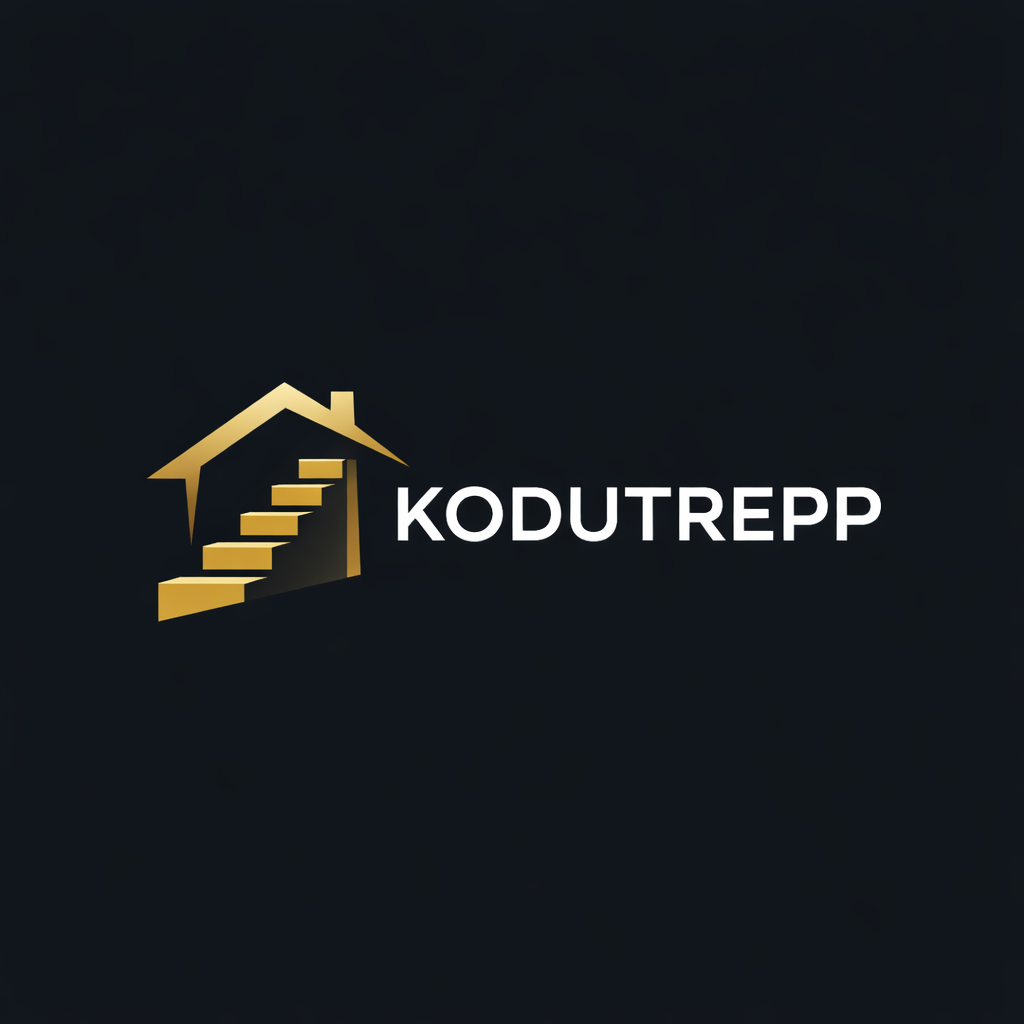 A logo featuring a gold house with stairs leading up to it and the text 'KODUTREPP' on a dark background.