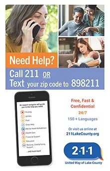 A collage of images with a woman on the phone, a group discussing, and a woman reading a document. Text prompts for help and contacting emergency services via call or text, with a phone displaying a help app, emphasizing free and confidential assistance available in multiple languages.