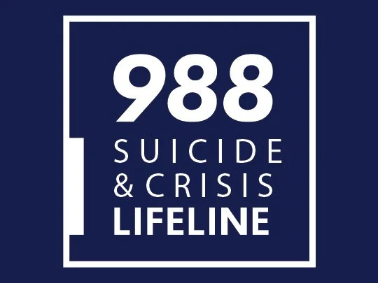Logo for 988 Suicide & Crisis Lifeline with white text on a navy background.