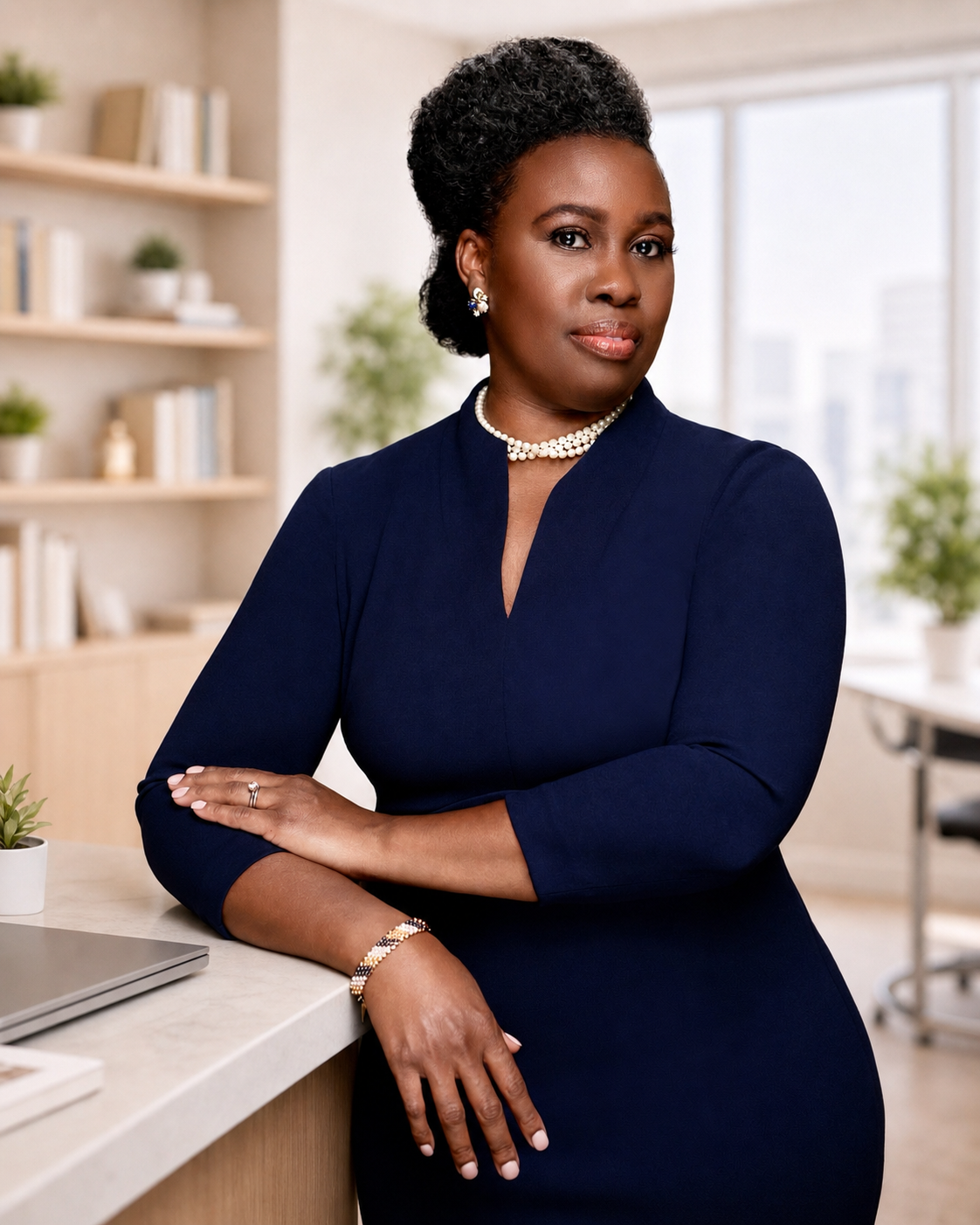 A professional woman with dark skin and short curly black hair wearing a navy blue dress, pearl necklace, earrings, and bracelet, standing in an office with bookshelf and plants in the background.