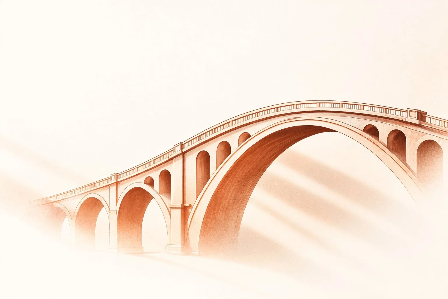 A stylized illustration of a large, arched bridge with multiple arches, fading into a light background, with sunlight casting soft rays.