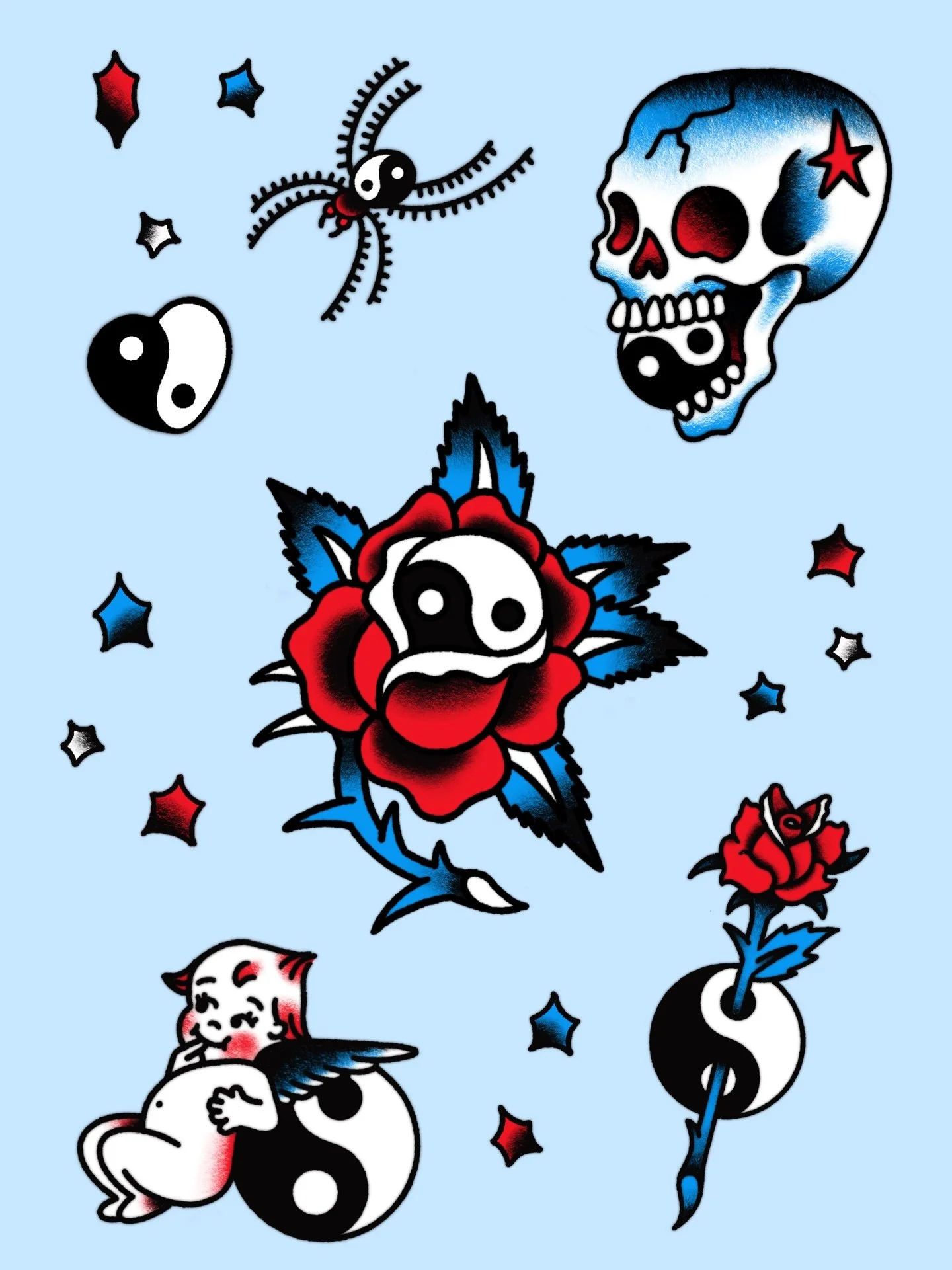 Yin to my yang flash sheet 🌹💙 
All designs are available to tattoo, DM to book yours now x

You can find me at @hanabusaelectrictattoo 
.
.
.
.
.
.
.
.
.
#tattoo #yinyang #yinyangtattoo #yingyang #y2k