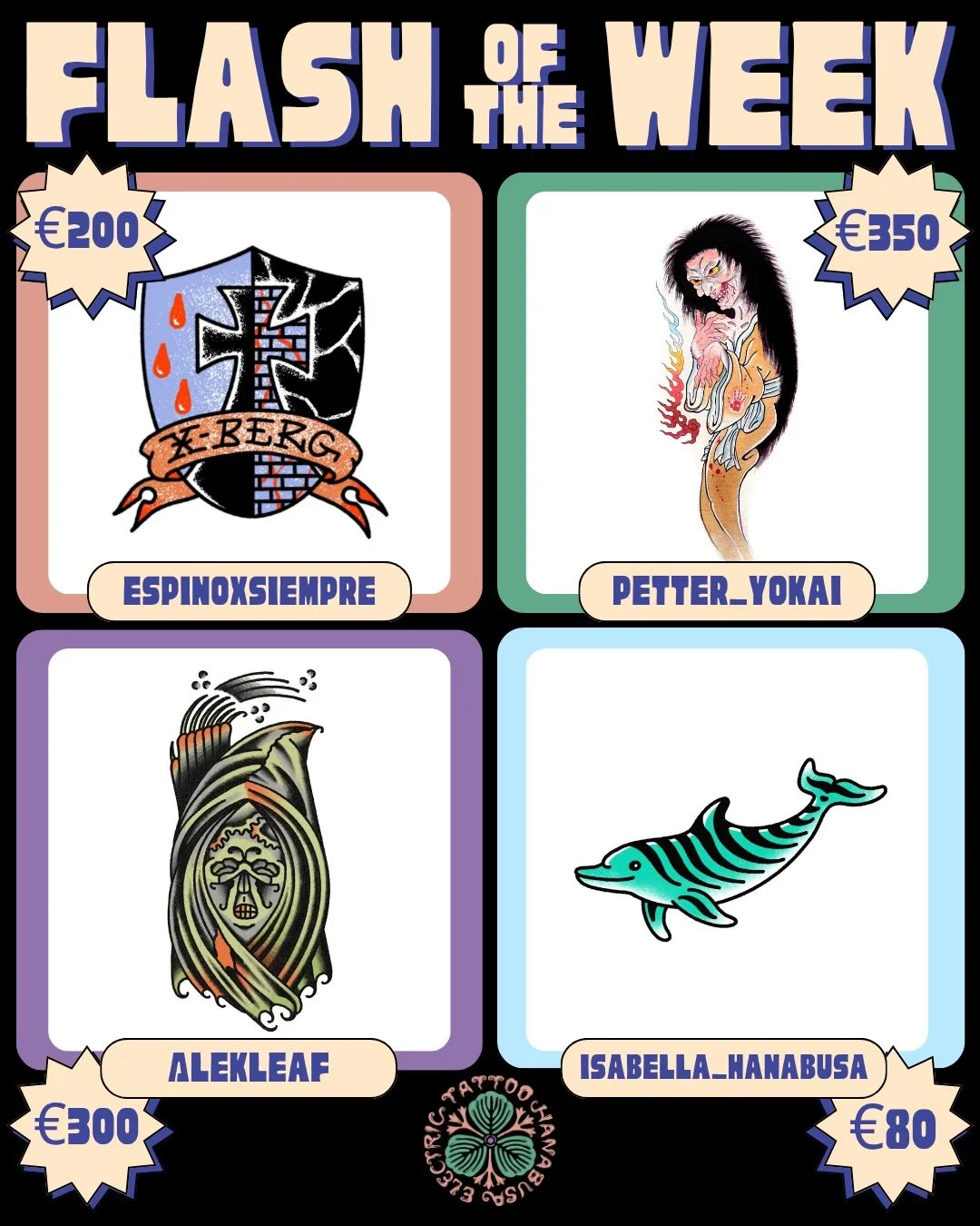 ⚡️FLASH OF THE WEEK⚡️
Every week our tattooers will submit a brand new flash design, which will be at a reduced price for this week only!
Pick your design and DM the artist directly to book 📩

@espinoxsiempre
@petter_yokai
@alekleaf
And extra specia