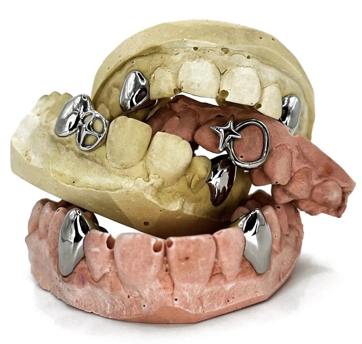 Display of custom-made grillz.