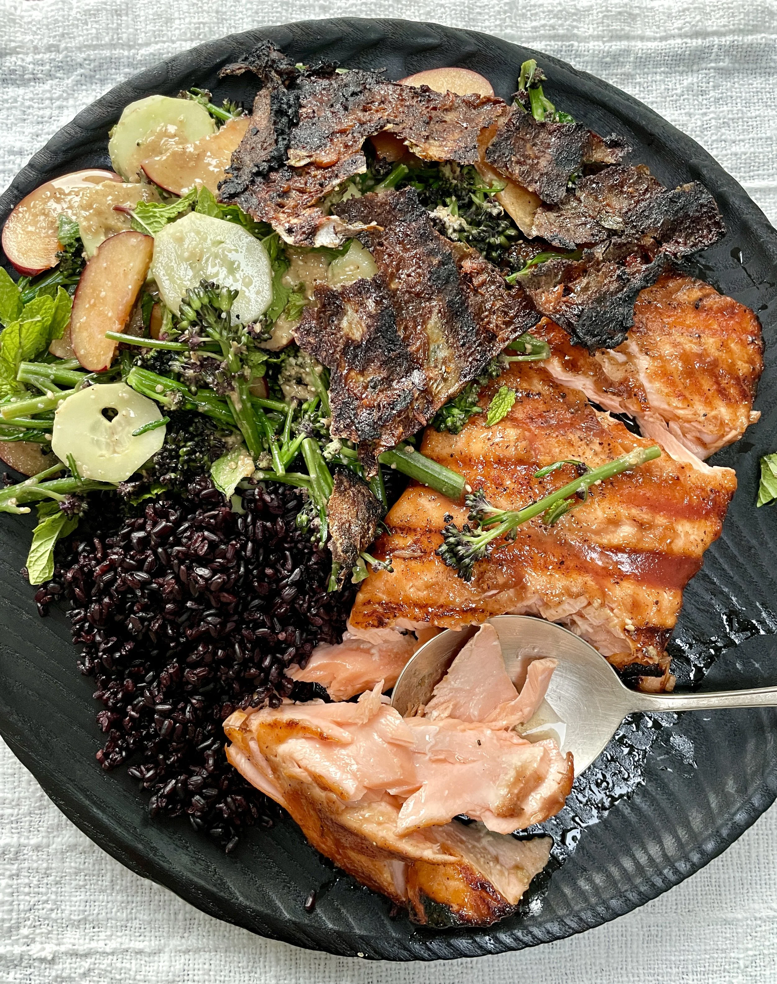 Grilled Salmon with Plum Glaze and Crispy Salmon Skin