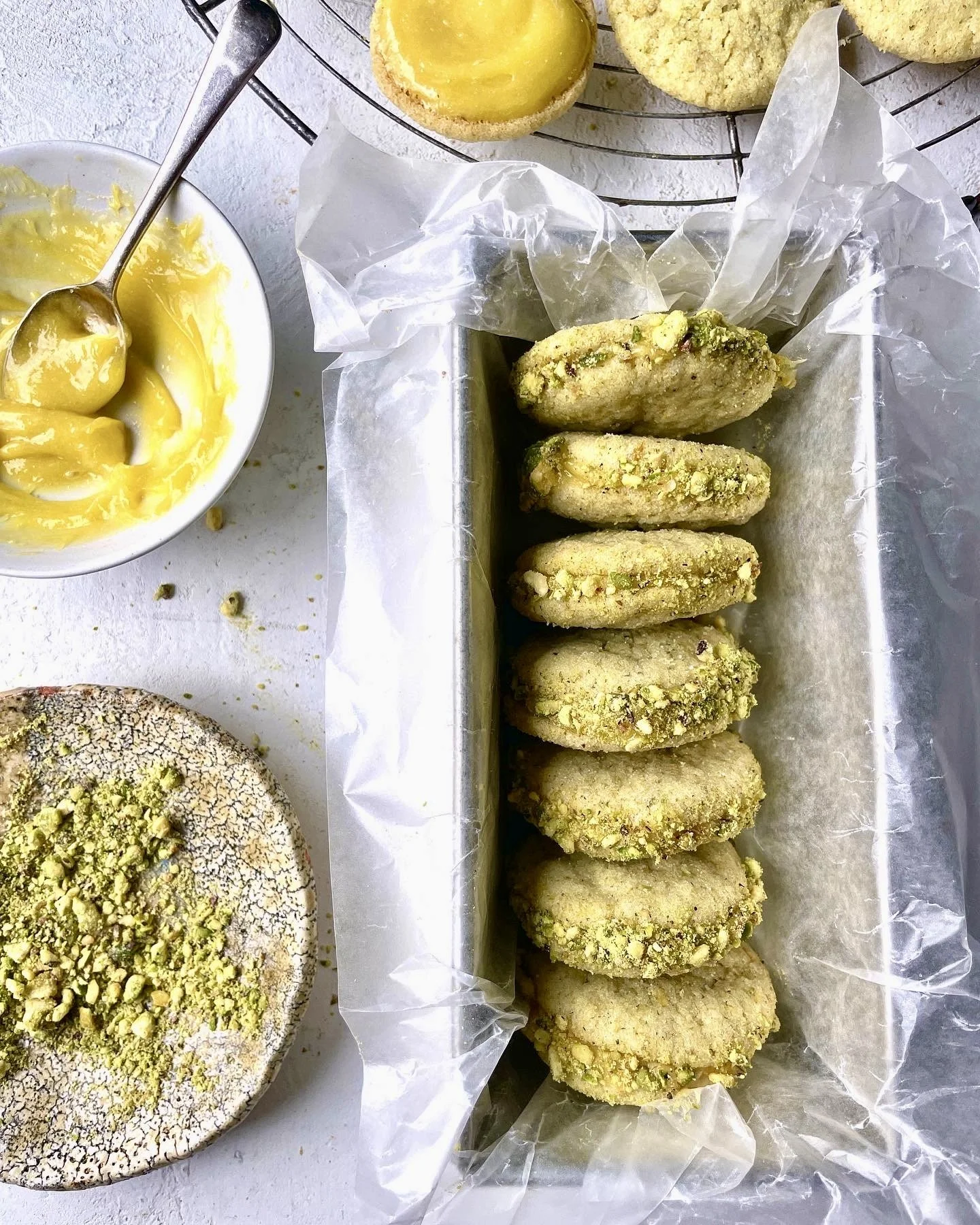 Pistachio Lemon thins with Lemon Curd filling
