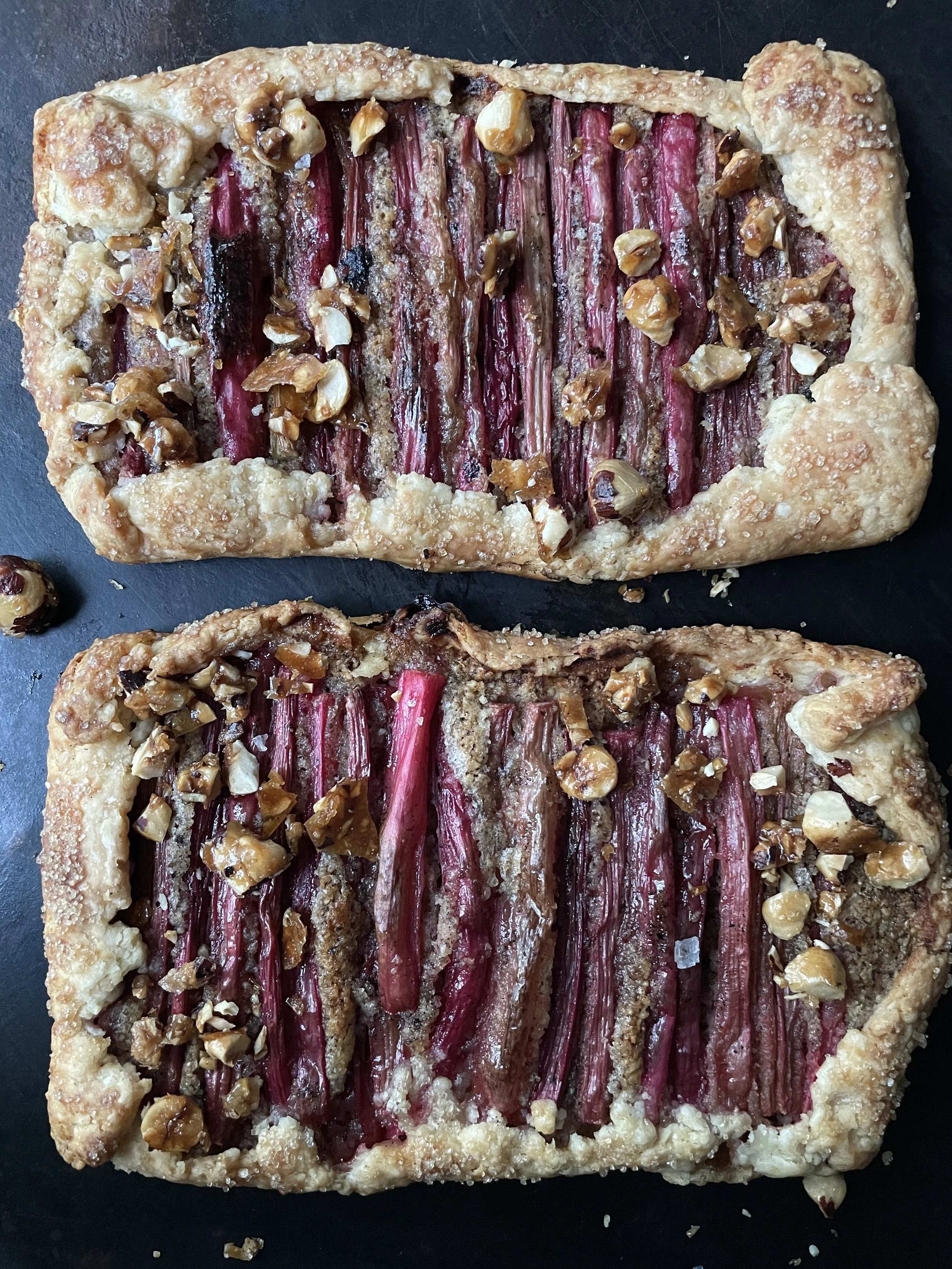 Rhubarb Galettes with Hazelnut Frangipane and Salted Candied Hazelnuts
