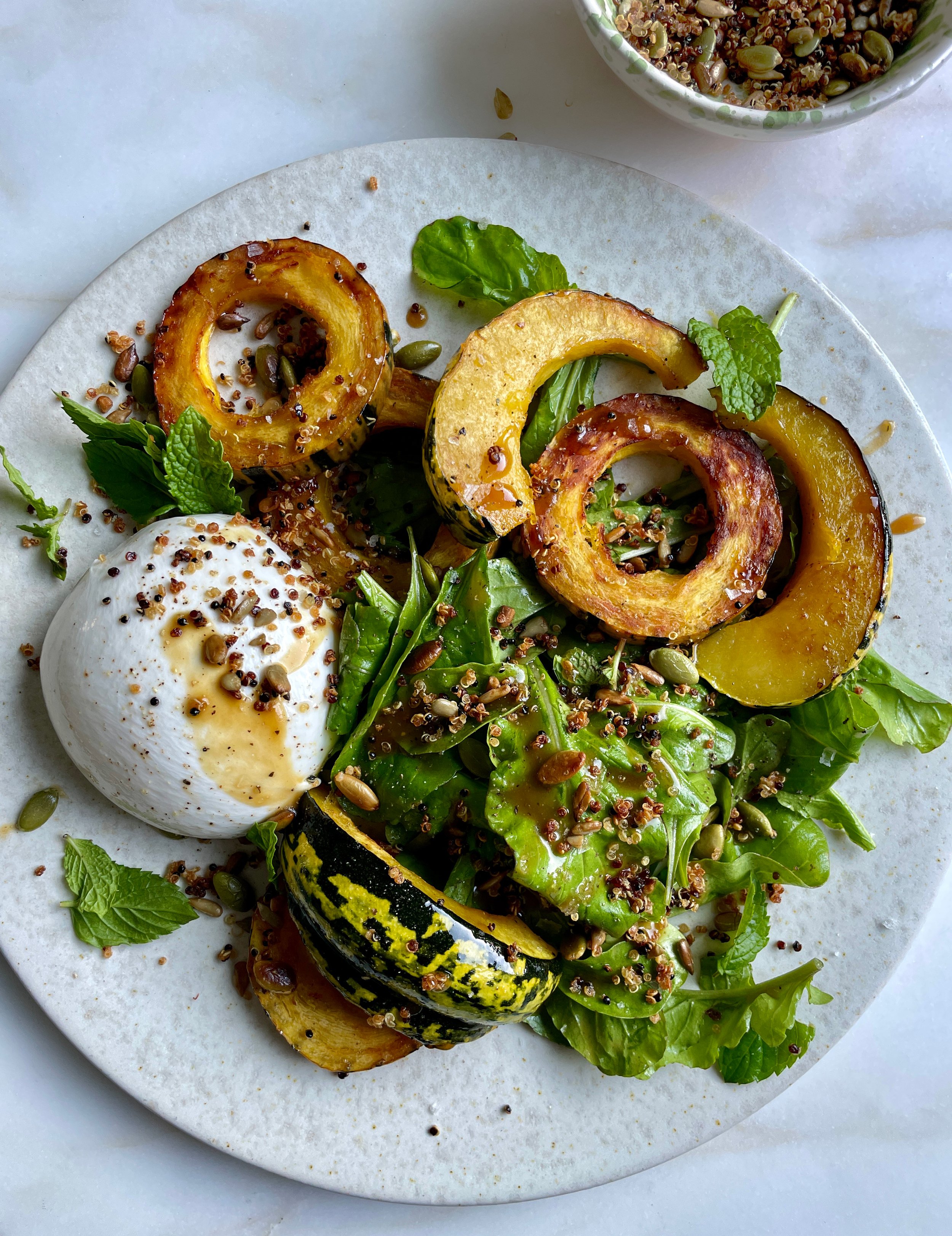 Roasted Squash Salad with Burrata and Quinoa Crunch