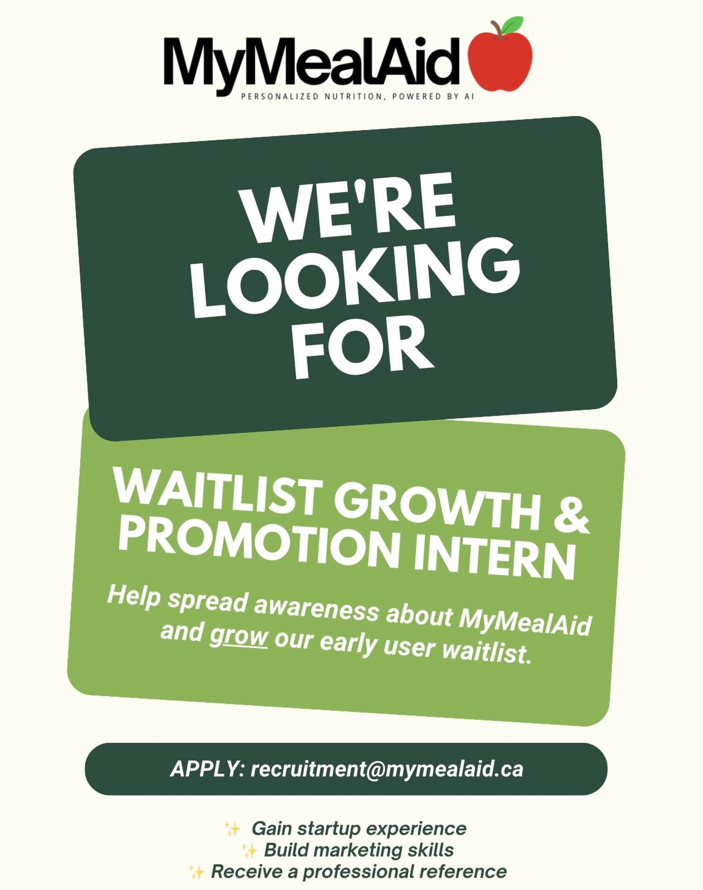 🌱 We&rsquo;re looking for a Waitlist Growth Promoter to join MyMealAid!

MyMealAid is an AI-powered nutrition assistant designed to make healthy eating simpler and less overwhelming. Through personalized meal plans, smart grocery lists, and supporti