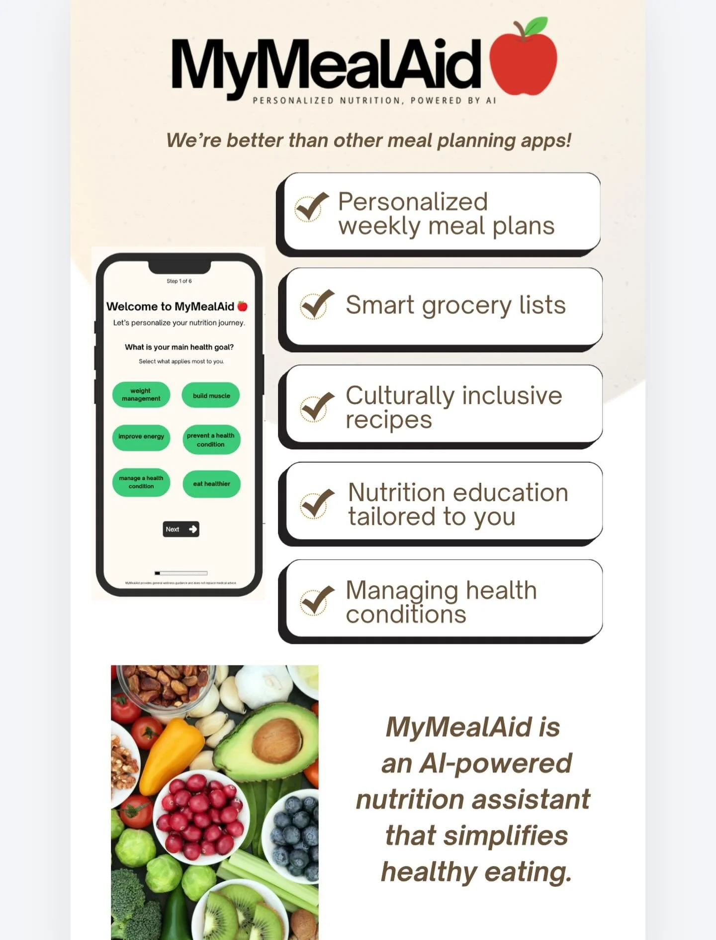 We&rsquo;re building MyMealAid, an AI-powered nutrition assistant designed to make healthy eating simple, realistic, and sustainable.

No strict diets. No overwhelm. Just personalized guidance that fits your lifestyle and culture.

If you&rsquo;re re