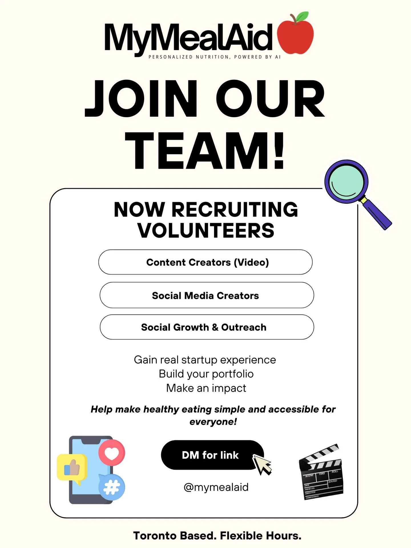 okay but imagine being part of a startup before it blows up 👀🍎

we&rsquo;re looking for volunteers to participate in promoting MyMealAid 💻✨

content creators, social media, outreach&hellip; all of it! no experience necessary, just initiative and c