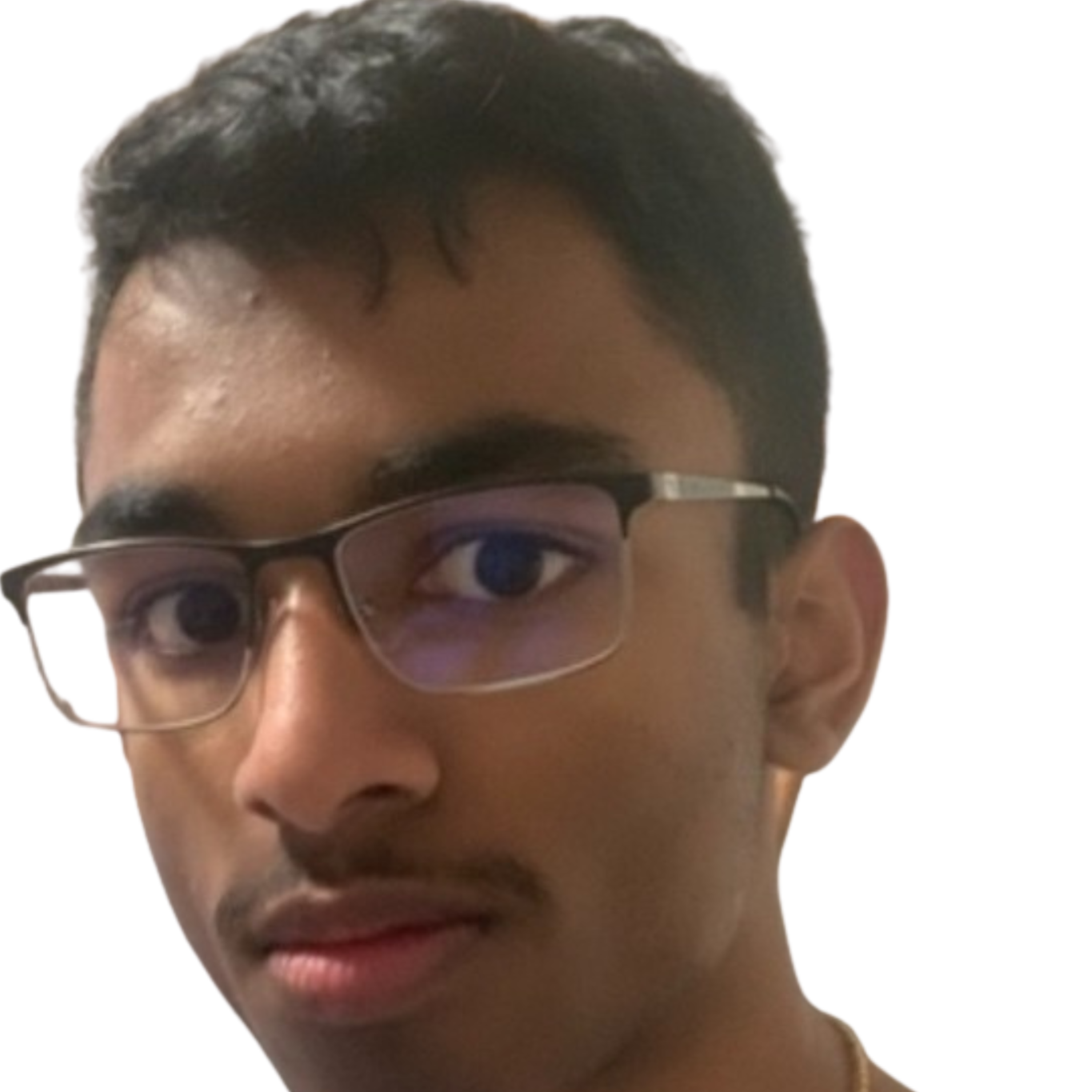 A young person with short dark hair, wearing glasses, shown from the nose up, with a neutral expression and a plain white background.