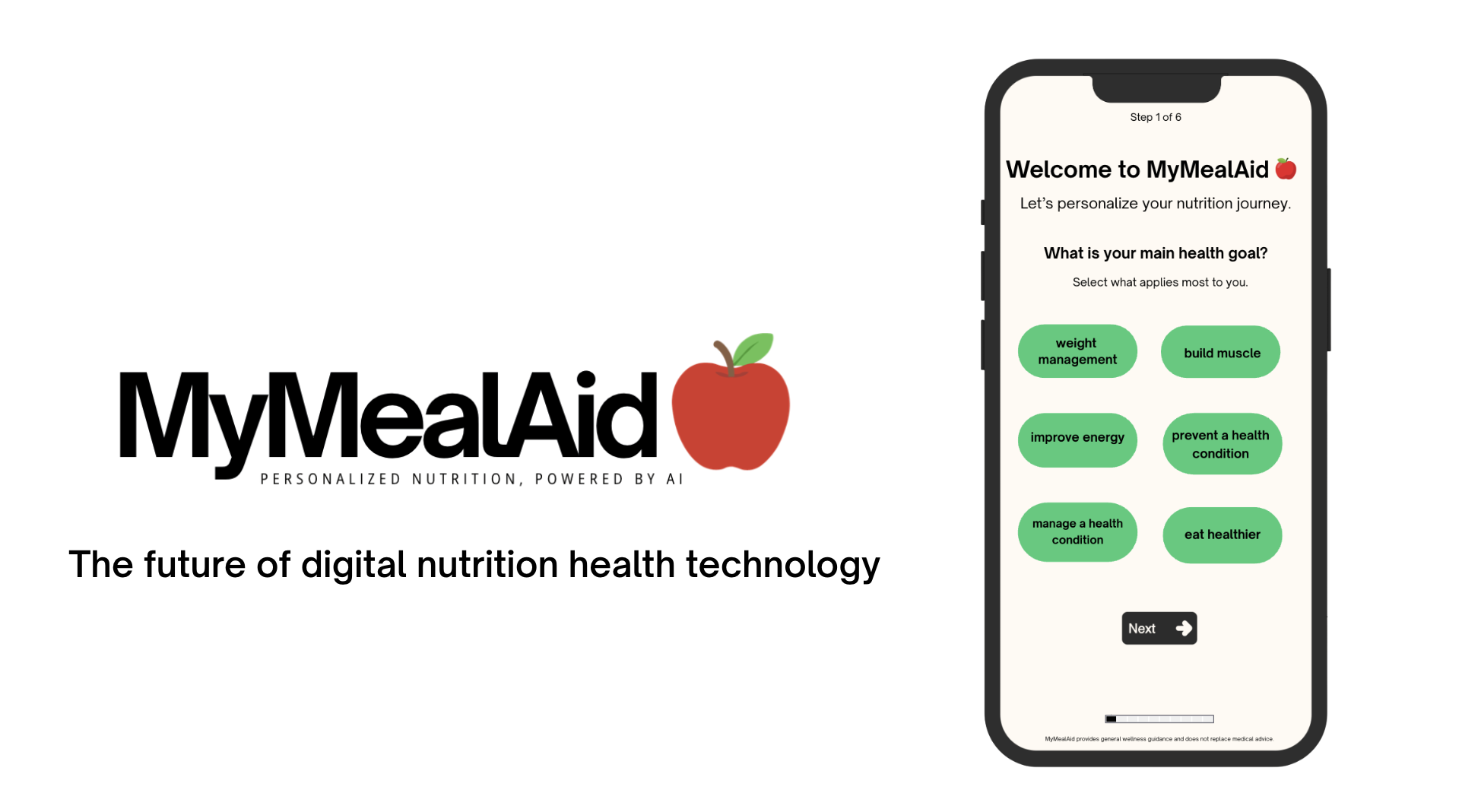 Logo for MyMealAid with an apple icon and the tagline "Personalized nutrition powered by AI," alongside a mockup of a mobile app screen showing a step-by-step health goal selection, with options for weight management, build muscle, improve energy, prevent a health condition, manage a health condition, and eat healthier.