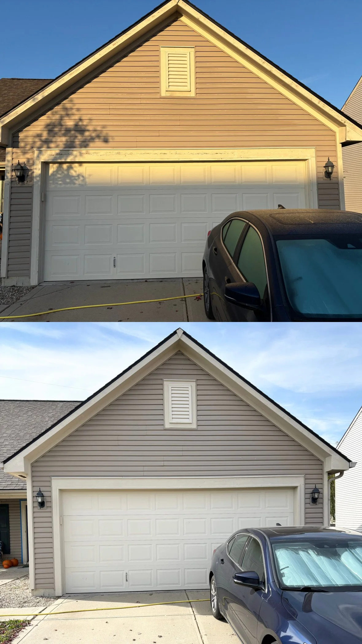 Before and after images of a house's exterior showing a change in the siding color. The top image shows the house with pinkish beige siding. The bottom image shows the house with gray siding. A black car is parked in front of the garage in both images.