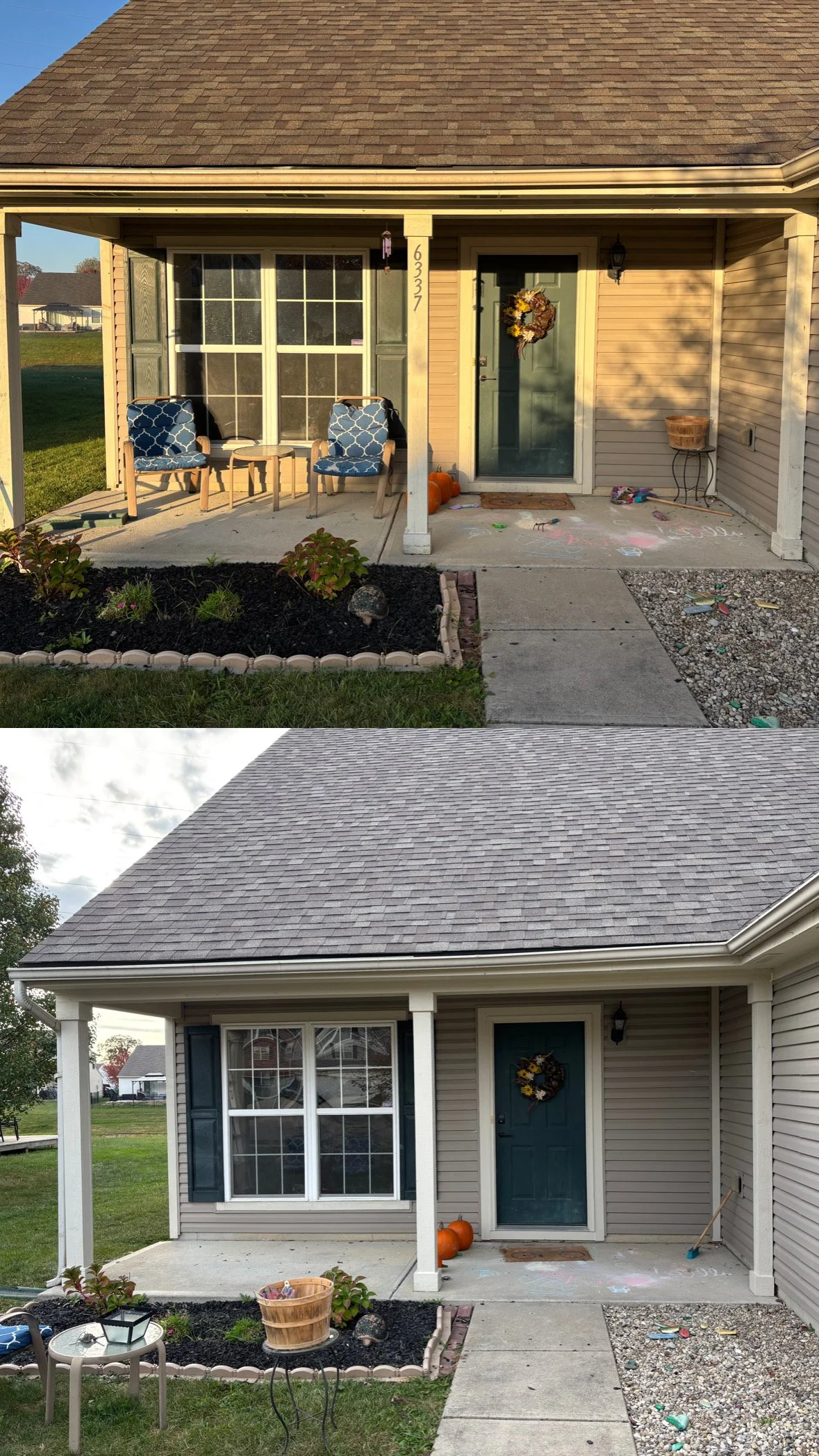 Before and after images of a house porch renovation, showing a change in siding, porch furniture, and decorations.