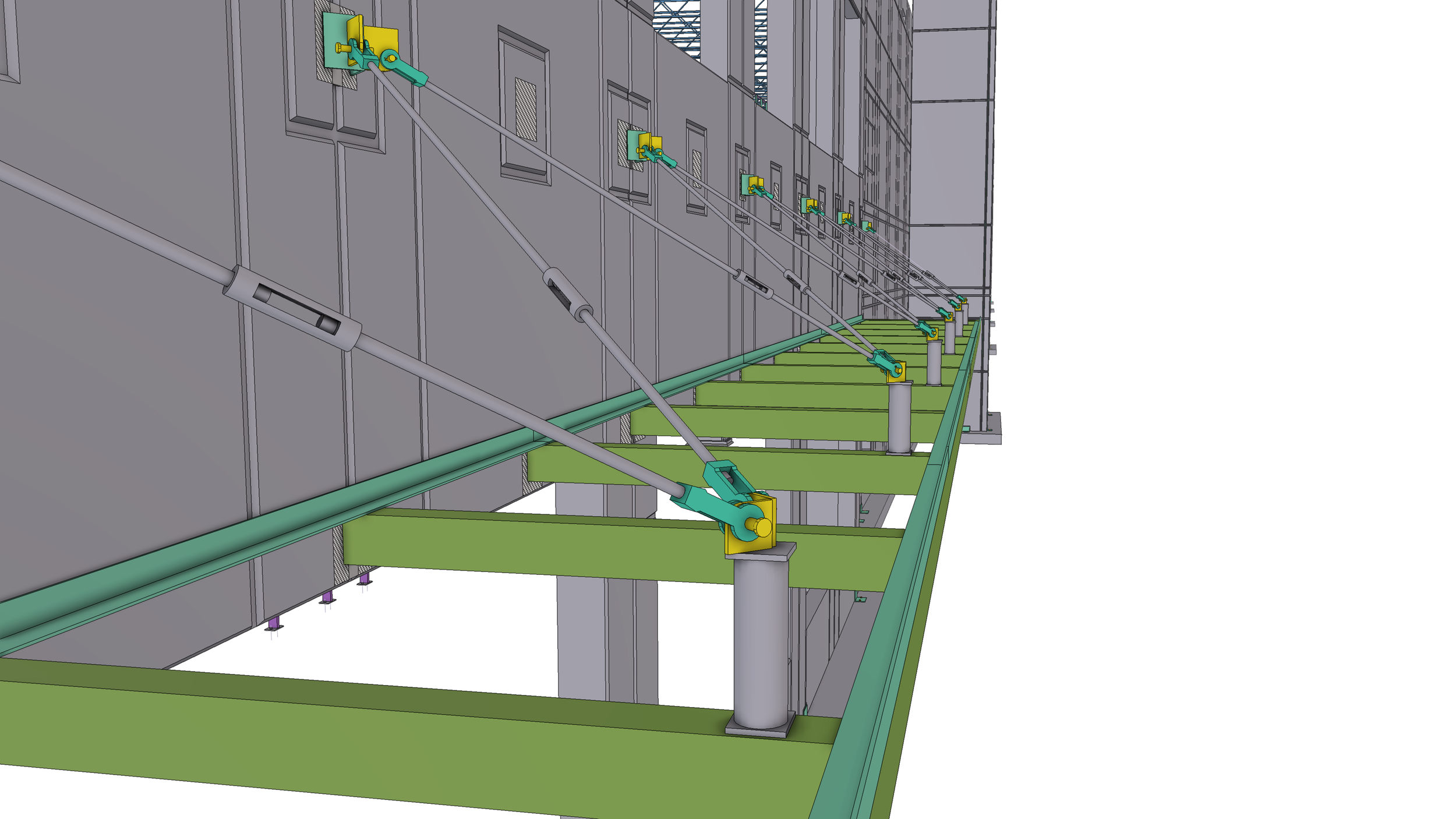 3D rendering of a construction site showing a green steel platform with support poles, yellow mounts, and diagonal support braces, attached to a gray building wall with windows.