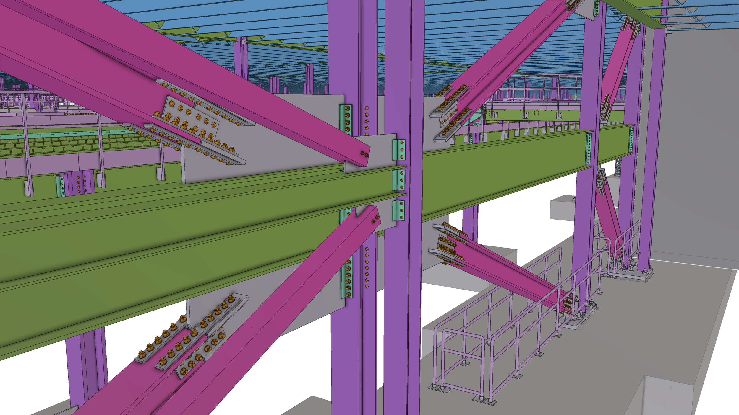 3D model of a construction or industrial site with steel beams in purple, green, and gray, supported by purple columns, and equipped with bolts and structural hardware. Construction railings are visible on the right side.