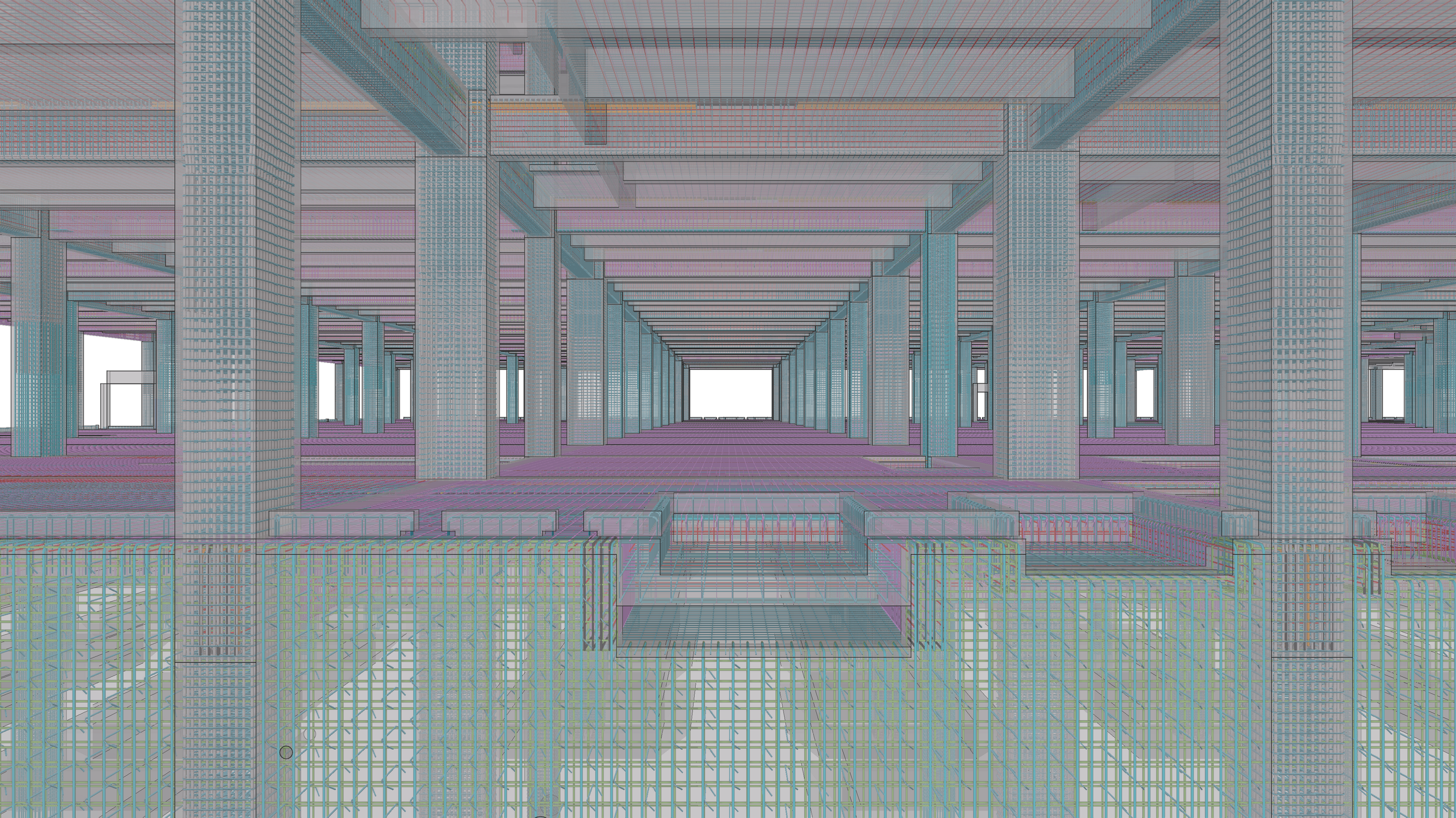 A computer-generated wireframe of a large, multi-level interior space with numerous columns, beams, and floors, depicted in pastel colors.